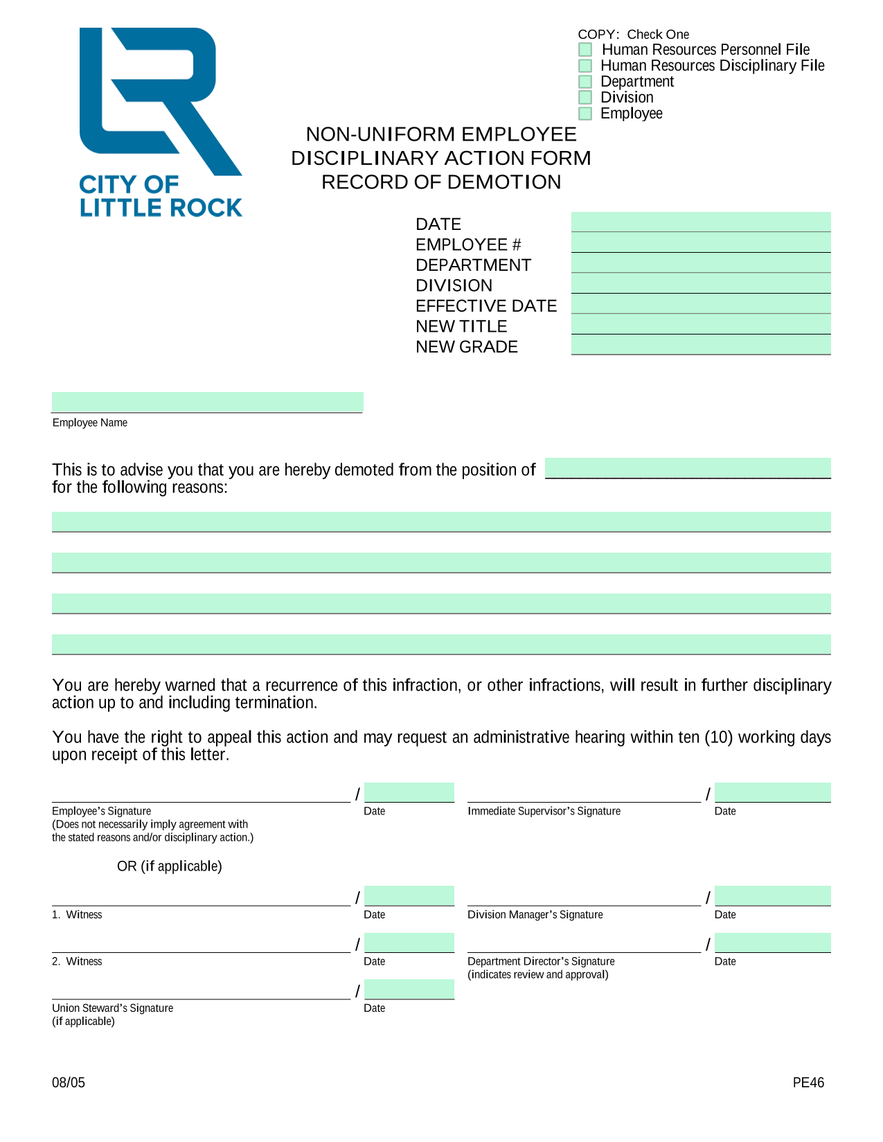 NON UNIFORM EMPLOYEE DISCIPLINARY ACTION FORM screenshot