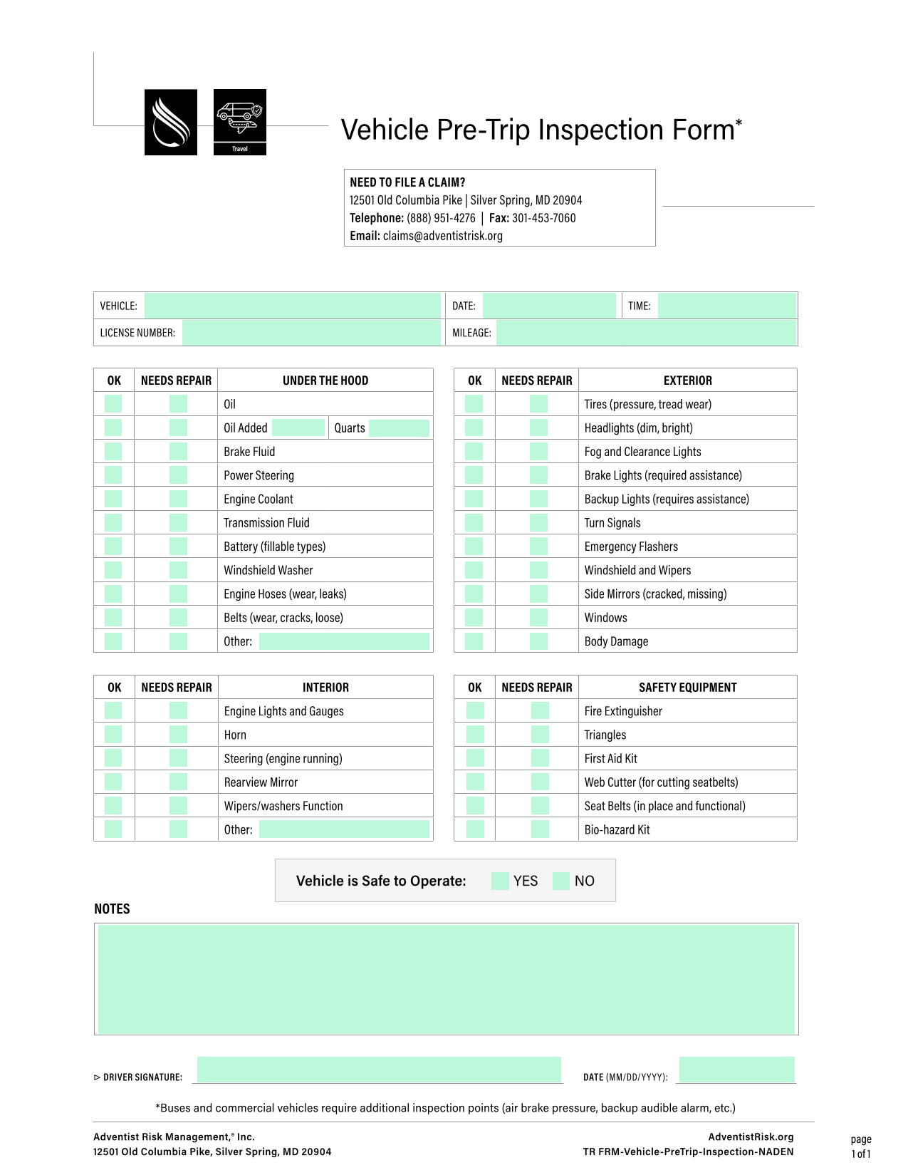 Vehicle Pre Trip Inspection Form screenshot