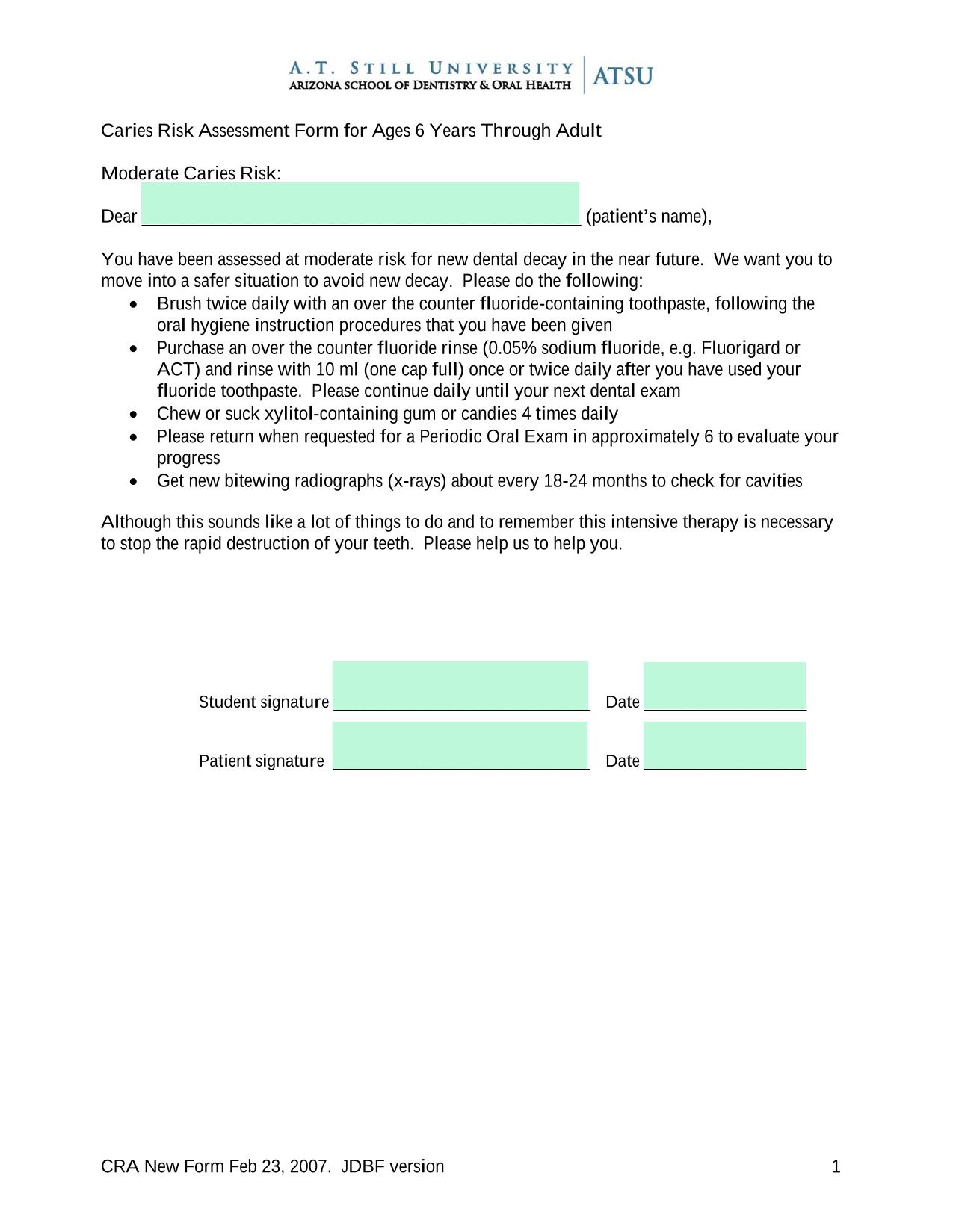 Caries Risk Assessment Form For Ages 6 Years Through Adult screenshot