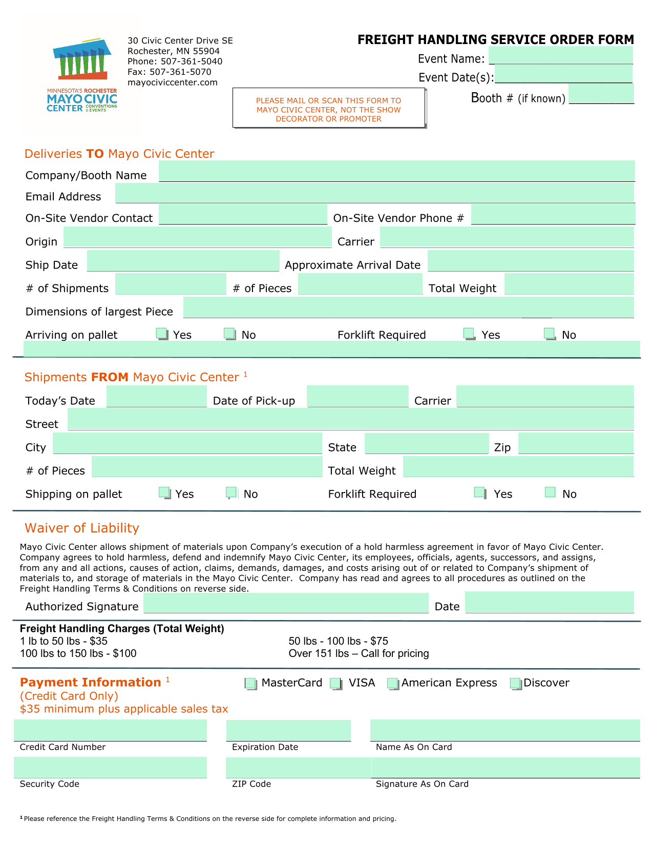 Freight Handling Service Order Form screenshot