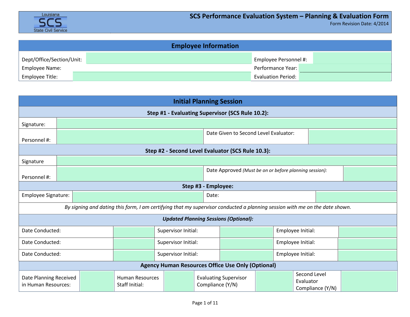 SCS Performance Evaluation System  Planning  Evaluation Form screenshot