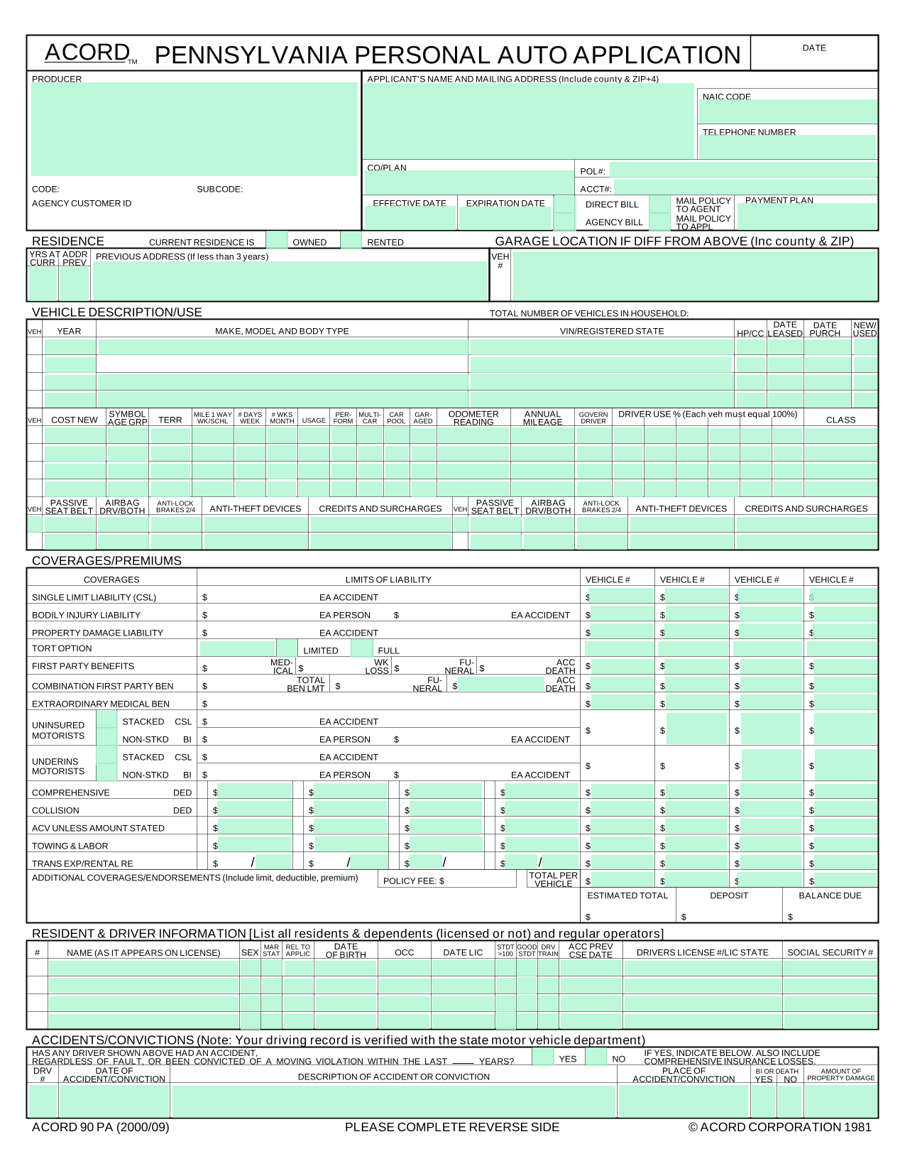 Auto Insurance Application Form screenshot