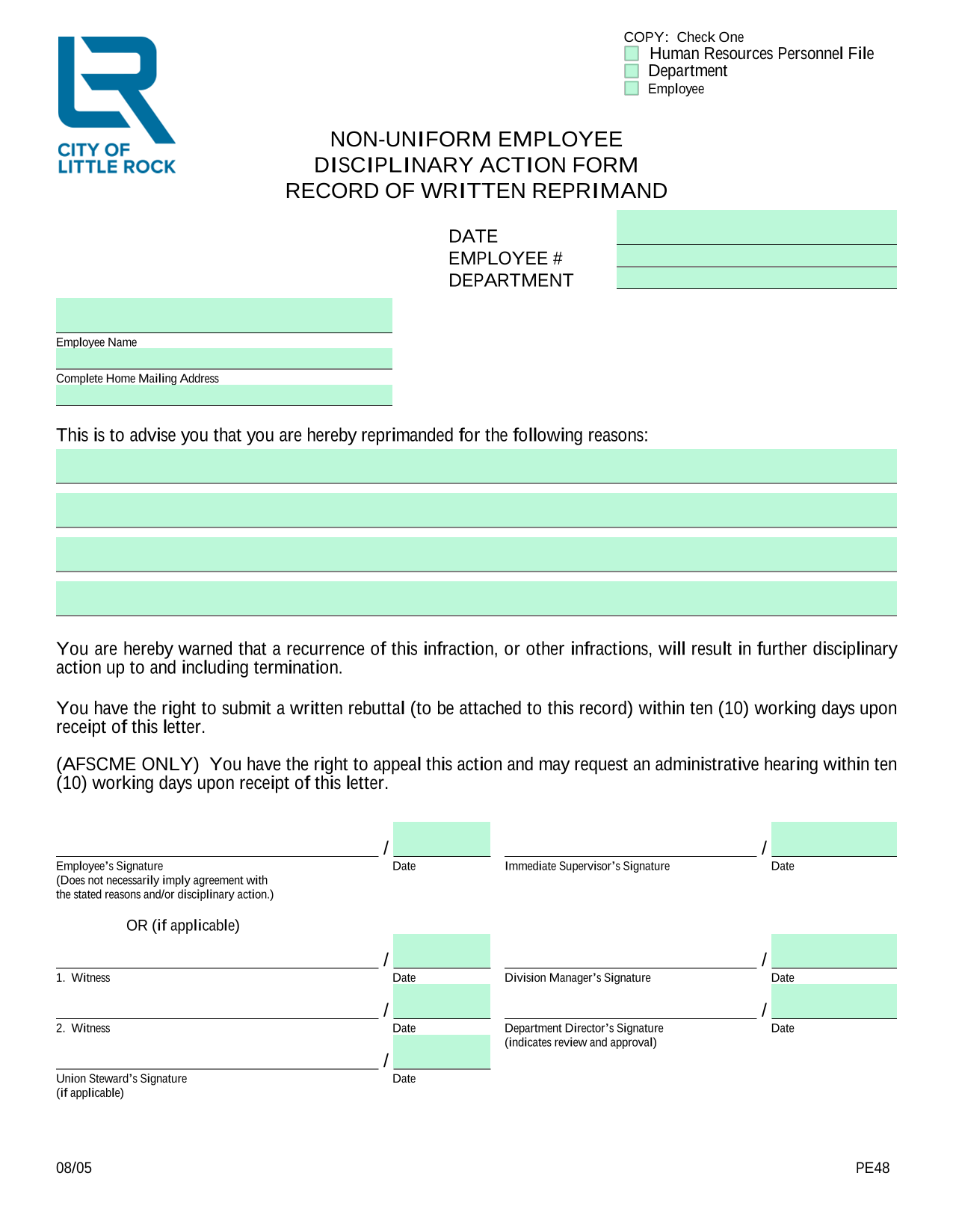 NON UNIFORM EMPLOYEE DISCIPLINARY ACTION FORM screenshot