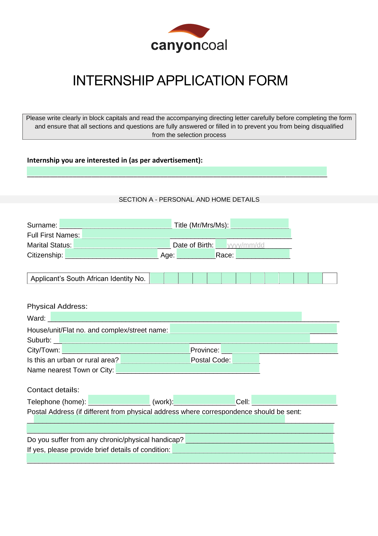Internship Application Form screenshot