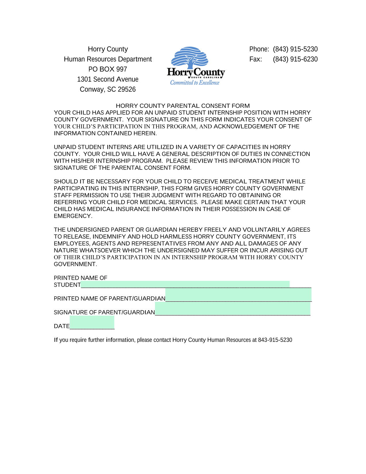Horry County Parental Consent Form screenshot