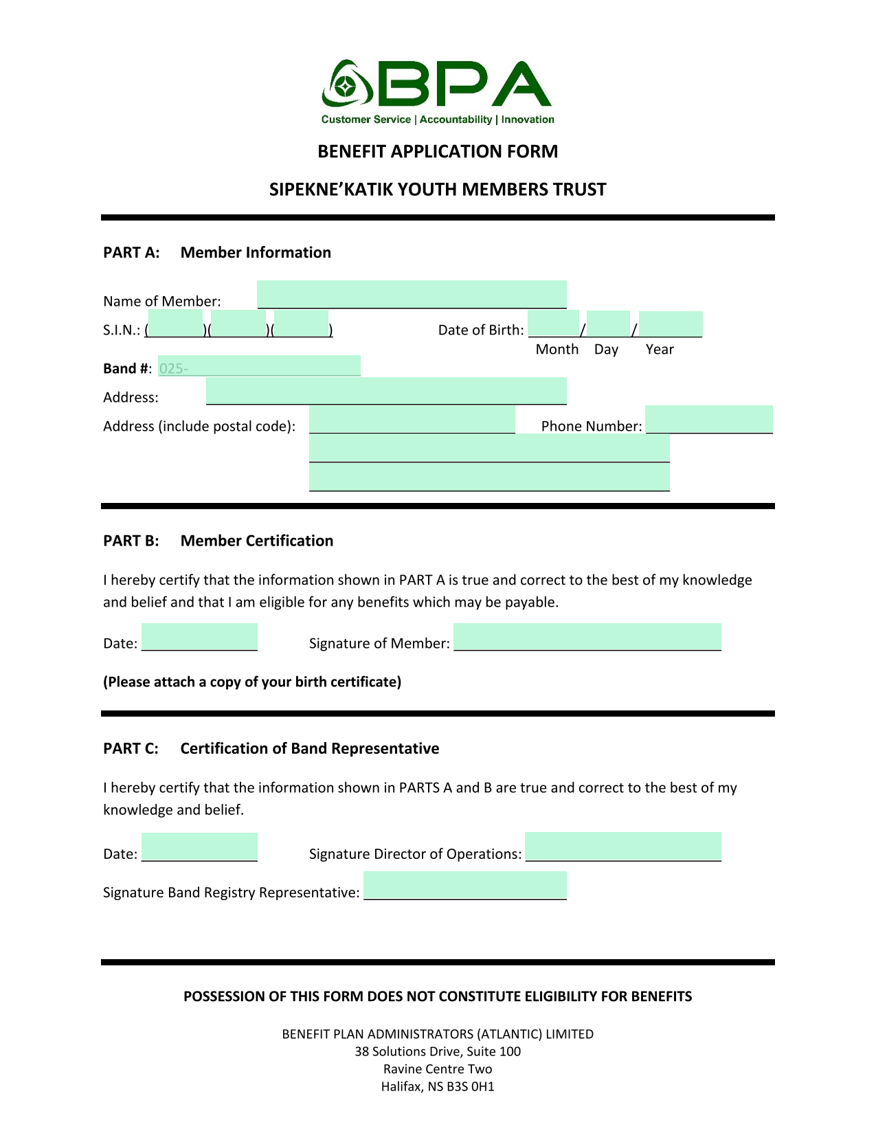 Benefit Application Form screenshot