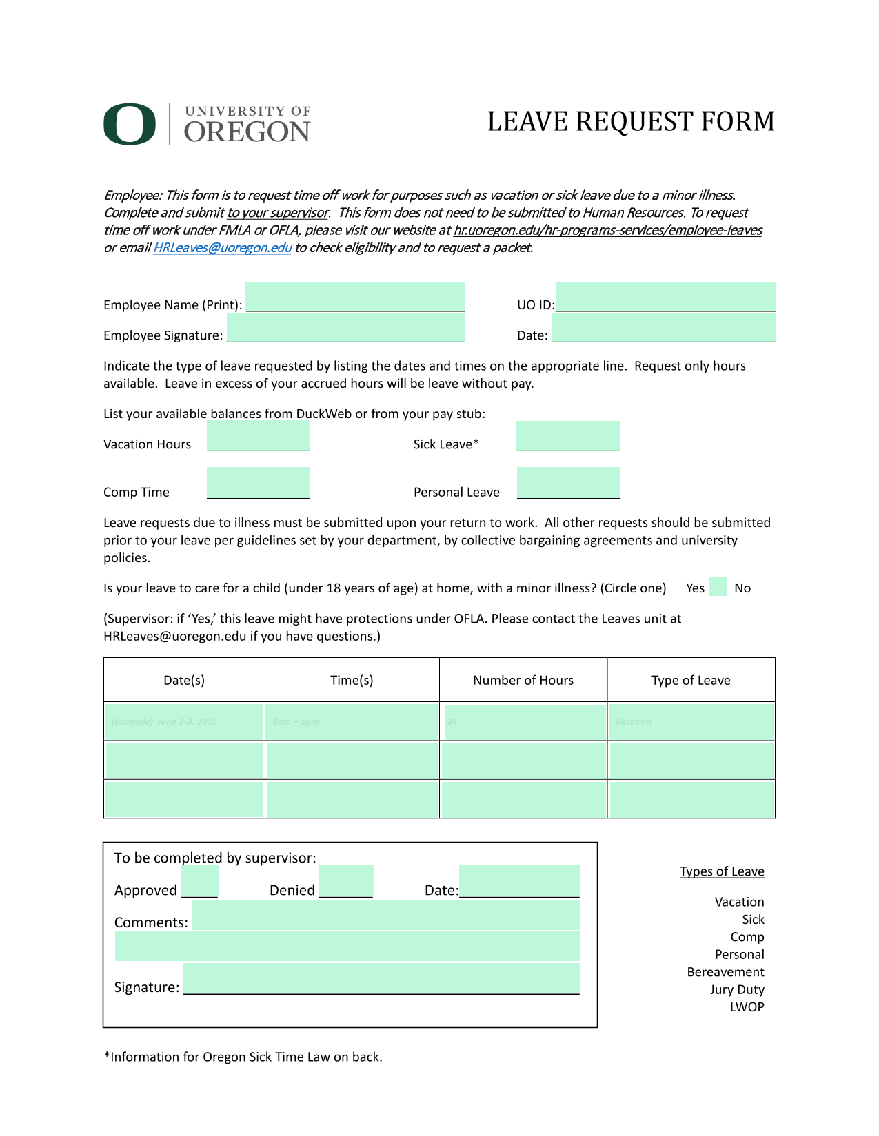 LEAVE REQUEST FORM screenshot