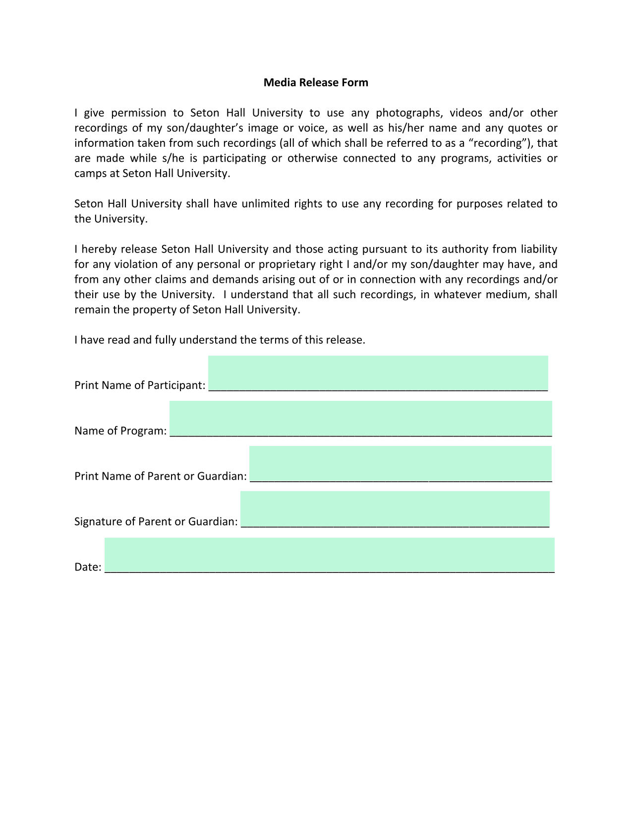 Media Release Form screenshot