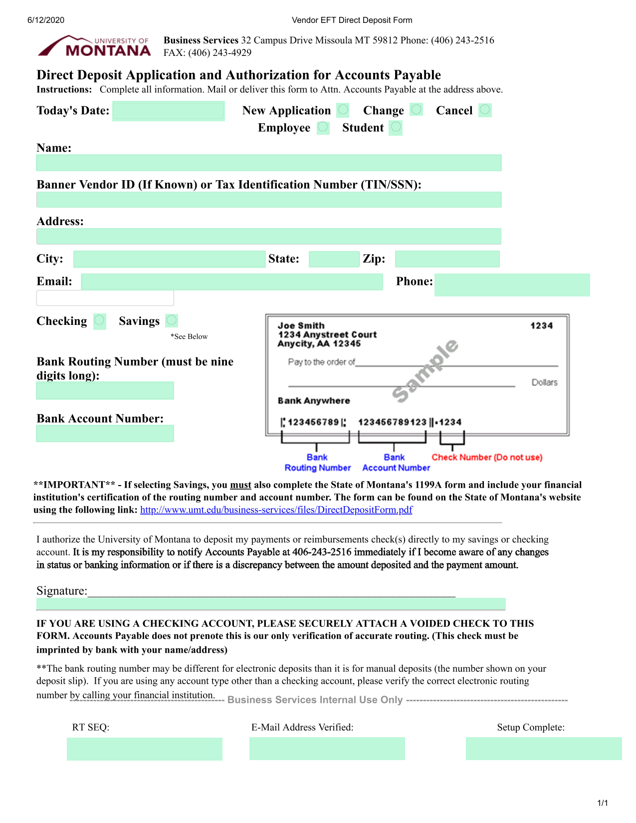 Vendor EFT Direct Deposit Form screenshot