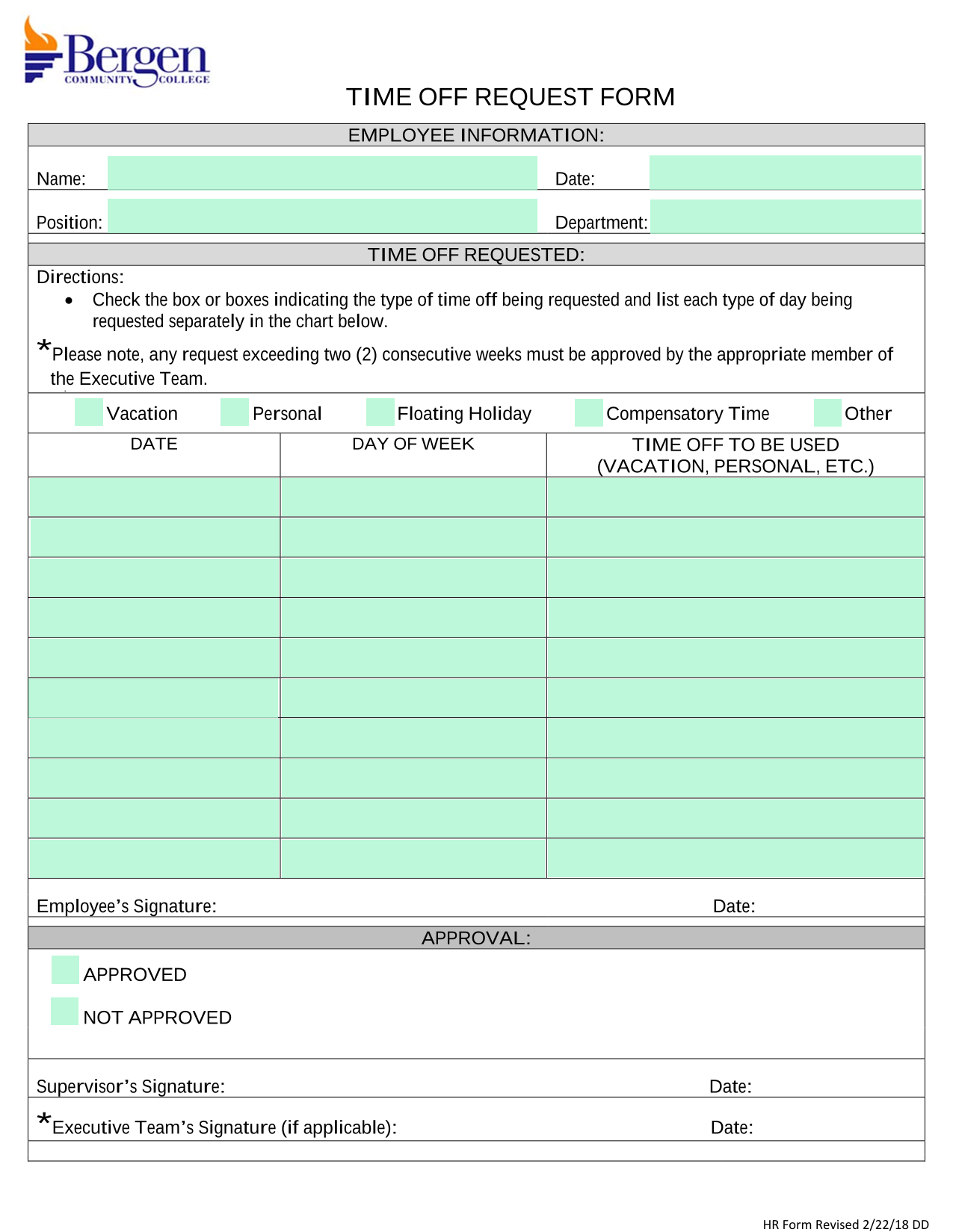 TIME OFF REQUEST FORM screenshot