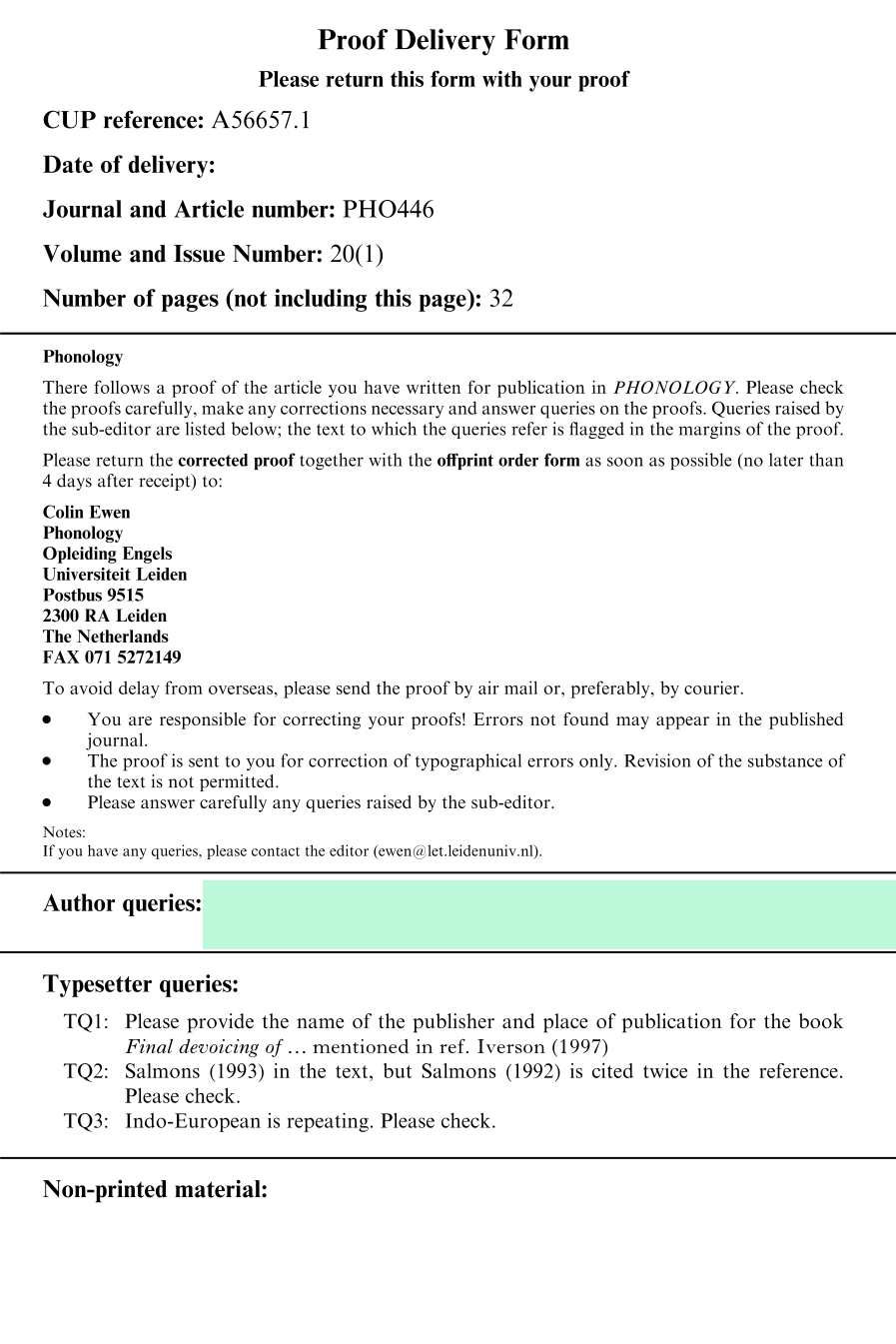 Proof Delivery Form screenshot