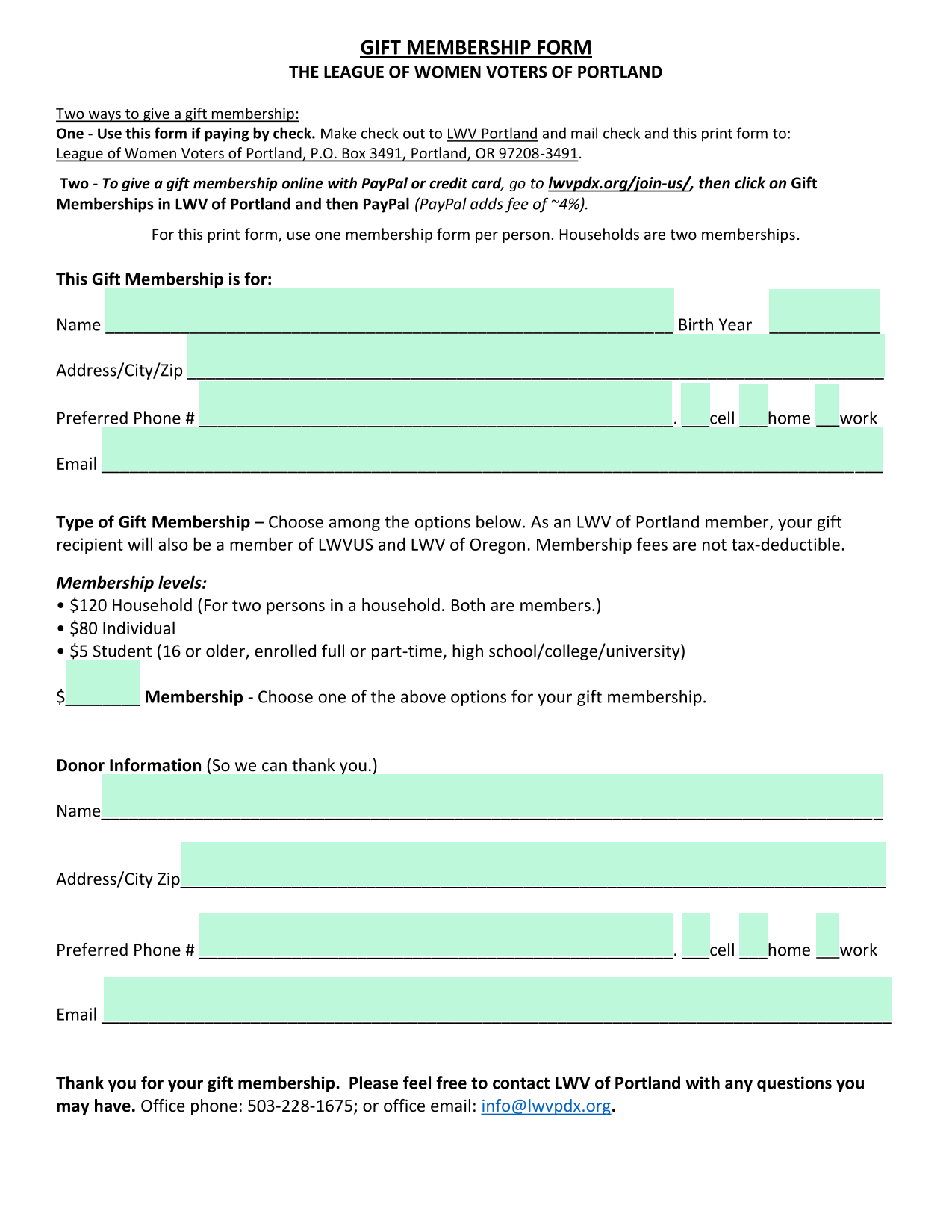 Gift Membership Form screenshot