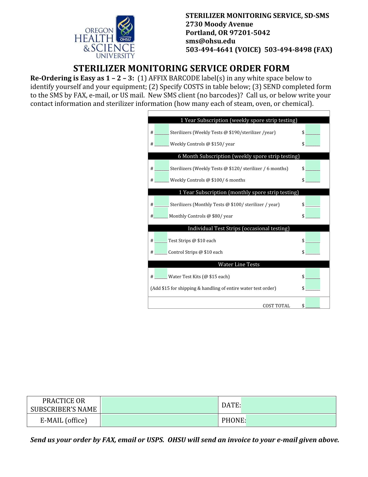 STERILIZER MONITORING SERVICE ORDER FORM screenshot