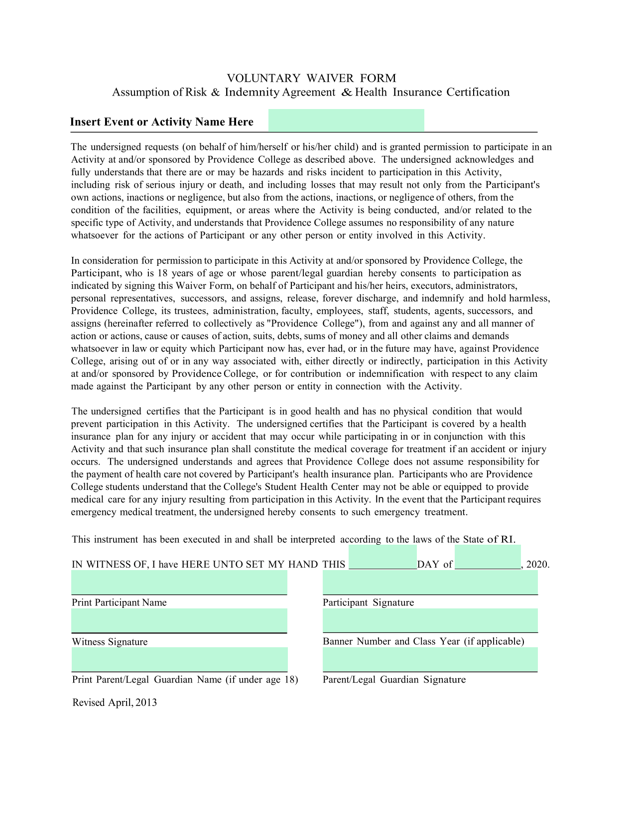 Voluntary Waiver Form screenshot