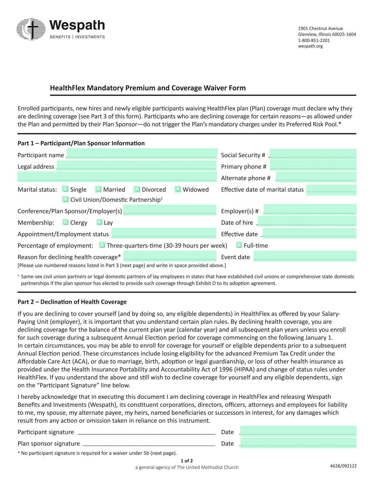 HealthFlex Mandatory Premium And Coverage Waiver Form screenshot