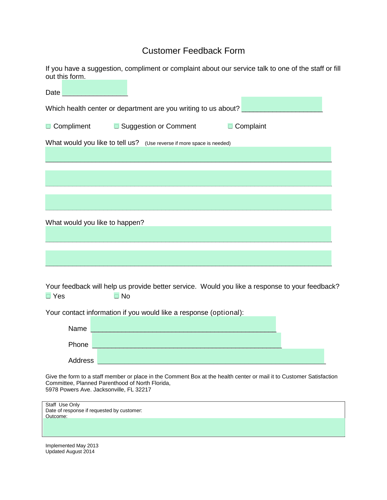Customer Feedback Form screenshot