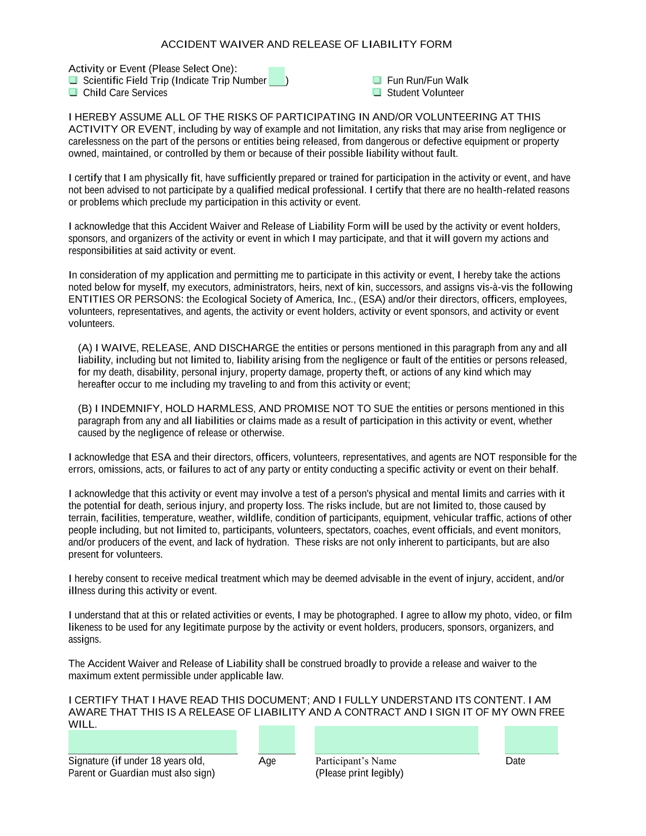 Accident Waiver And Release Of Liability Form screenshot