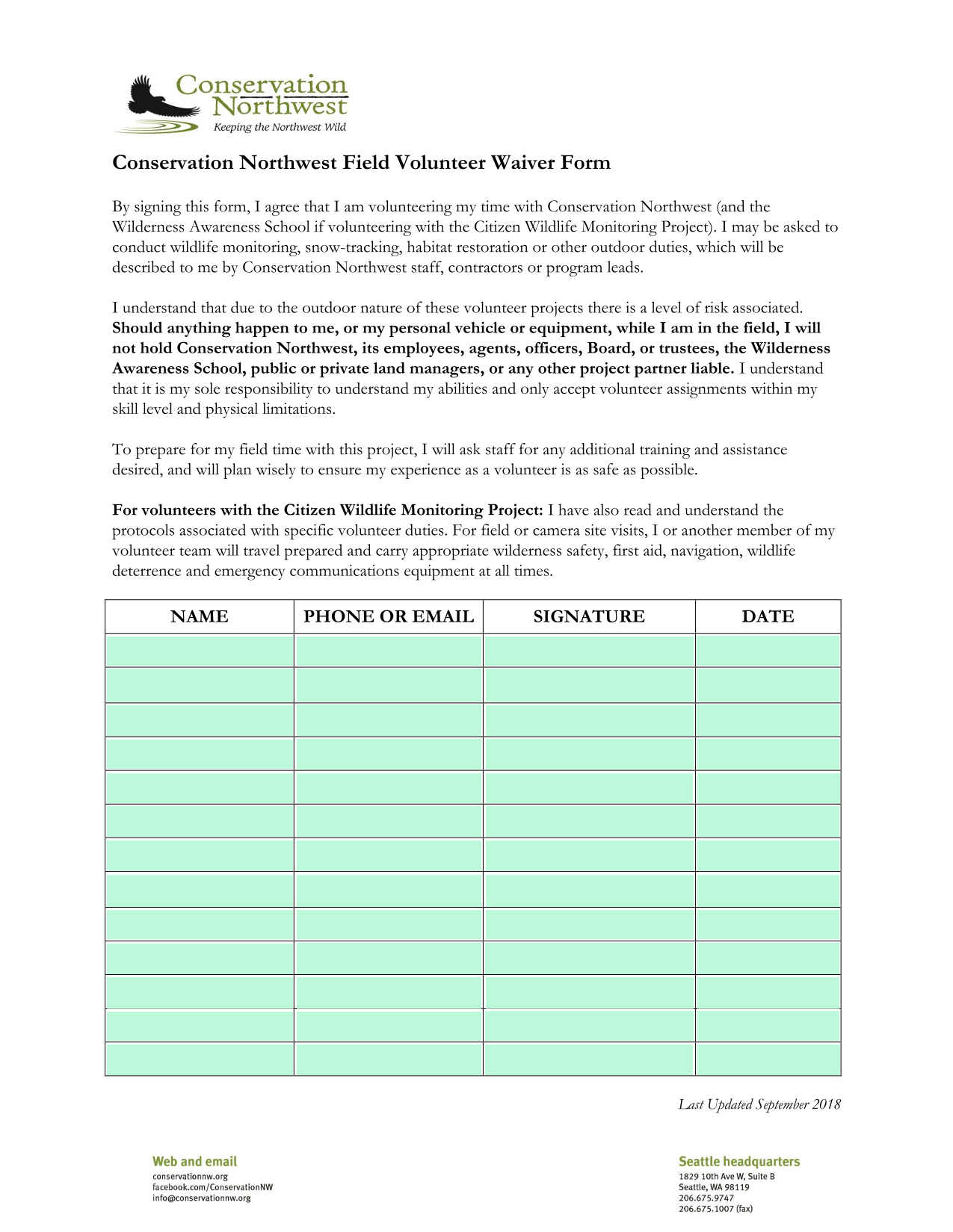 Conservation Northwest Field Volunteer Waiver Form screenshot