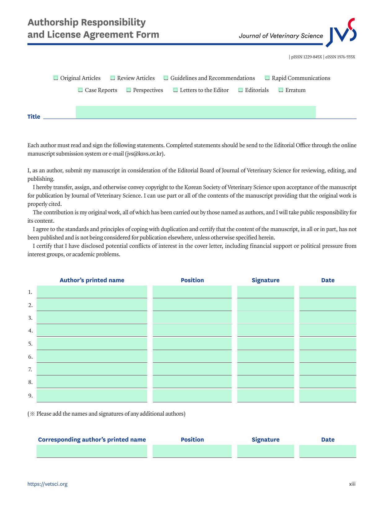 Authorship Responsibility And License Agreement Form screenshot