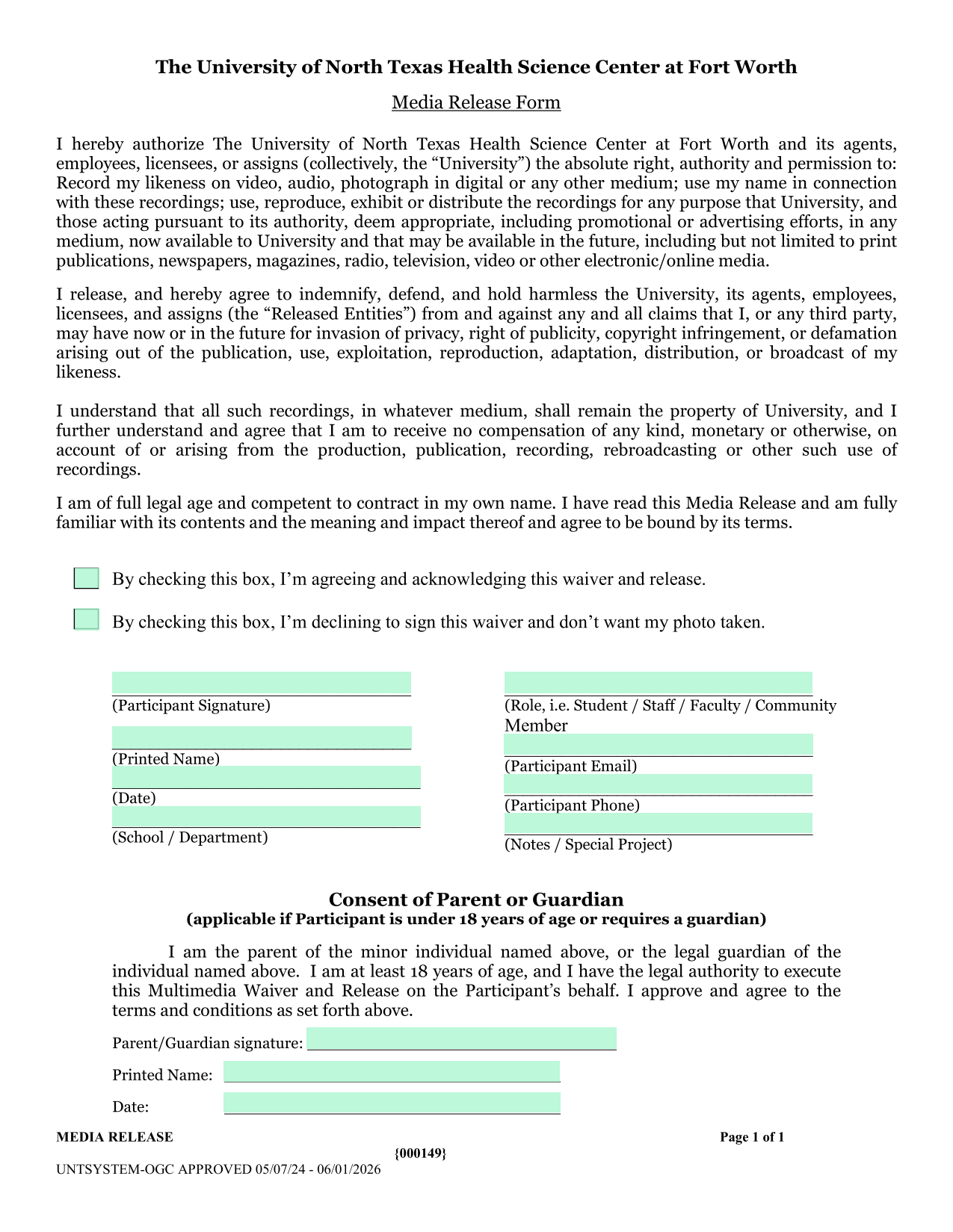 Media Release Form screenshot