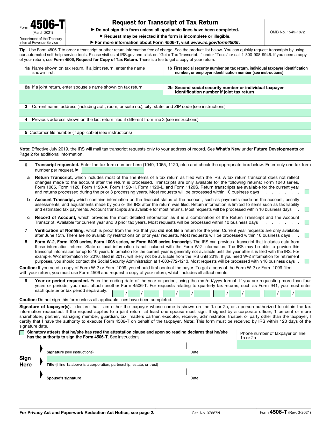 Form 4506 T screenshot