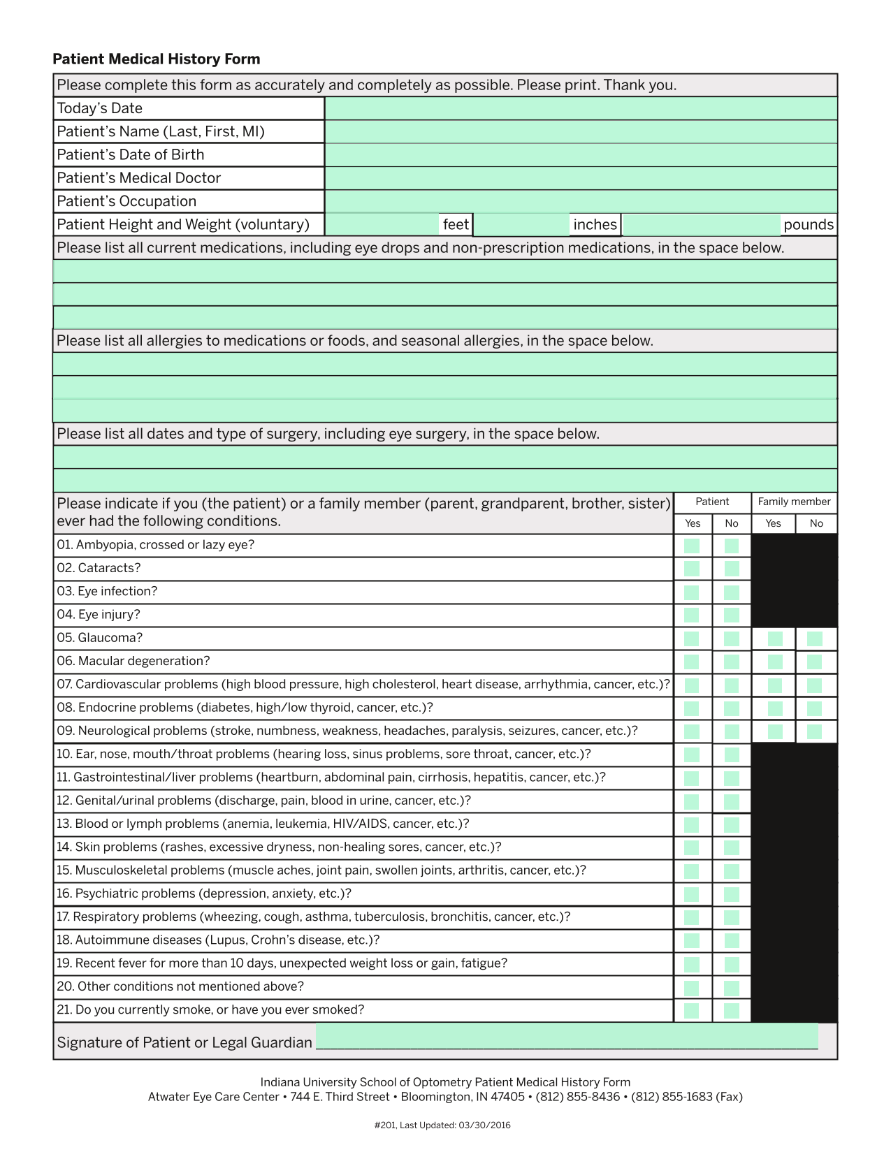 Patient Medical History Form screenshot
