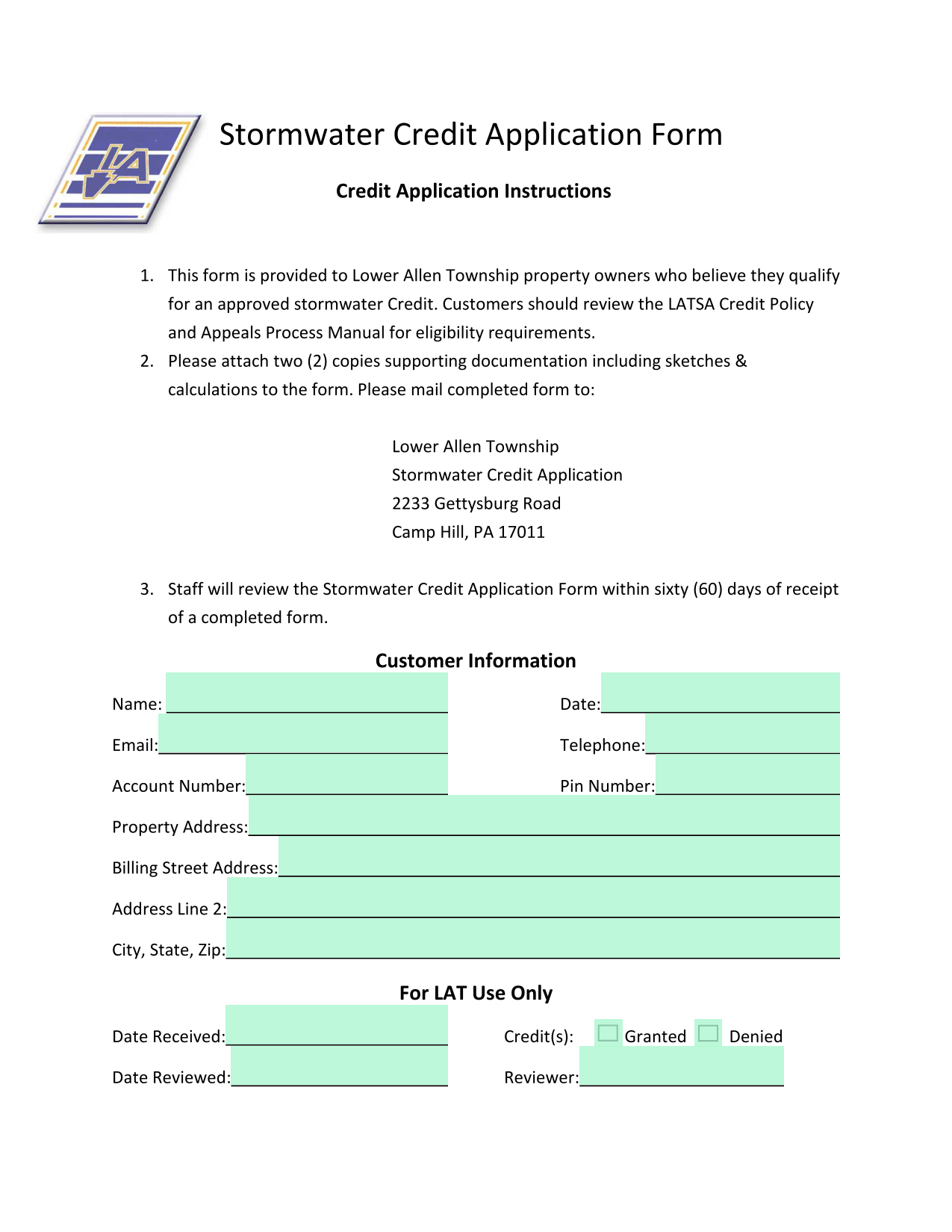 Stormwater Credit Application Form screenshot