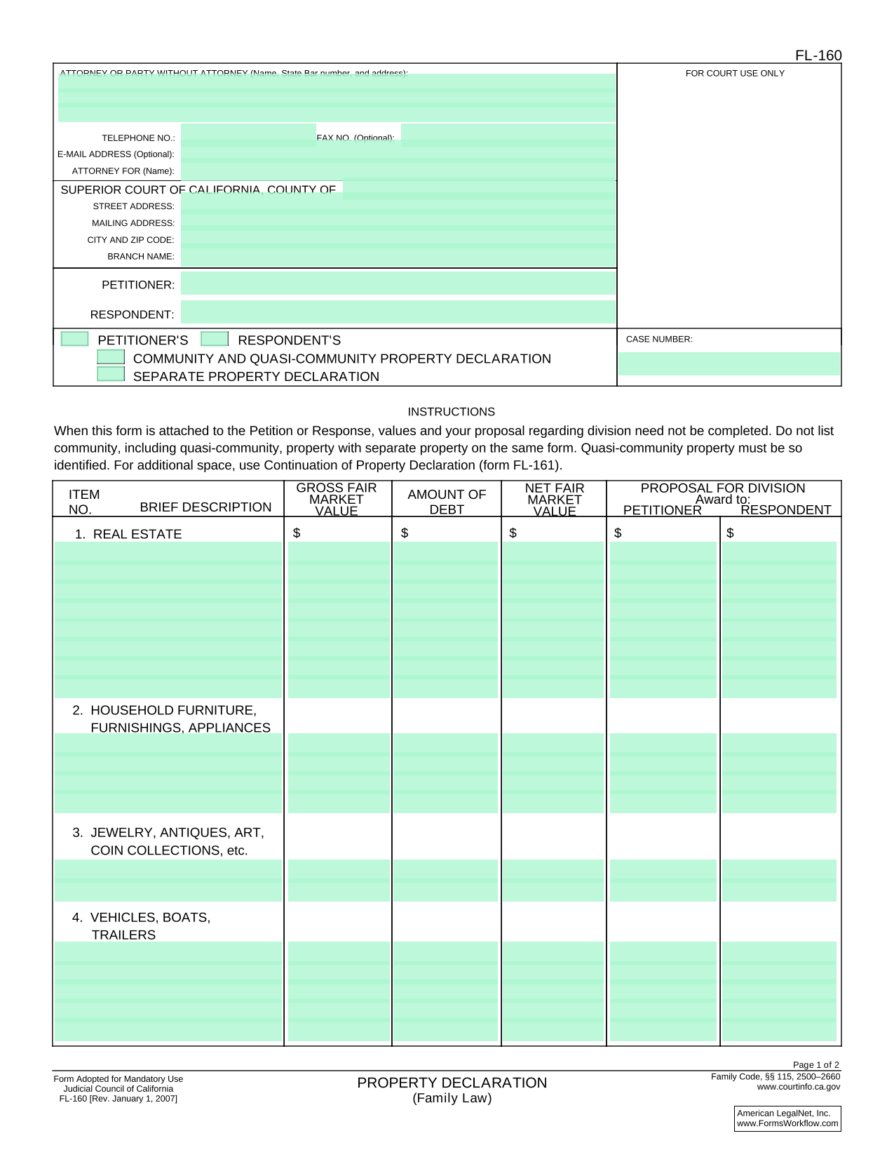 FL 160 Property Declaration screenshot