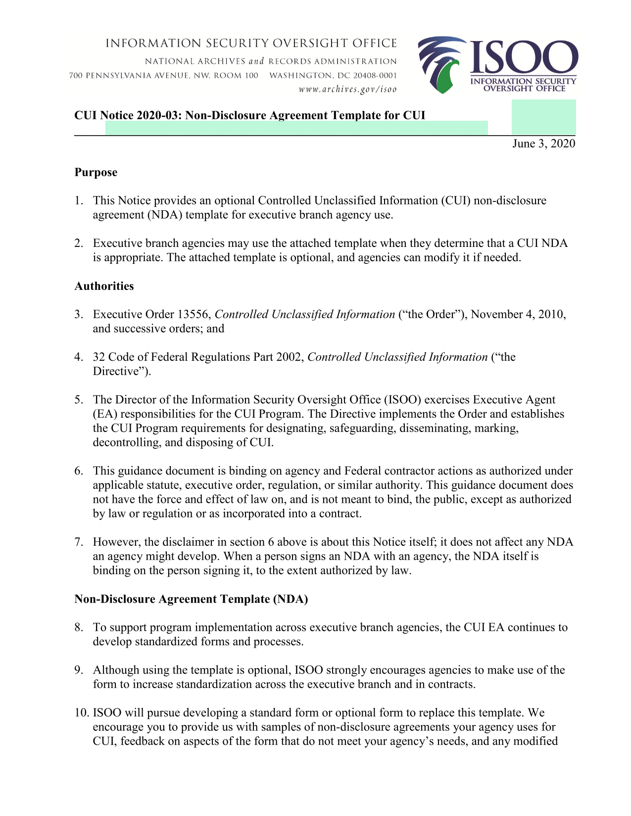 CUI Notice 2020 03 Non Disclosure Agreement Template For CUI screenshot