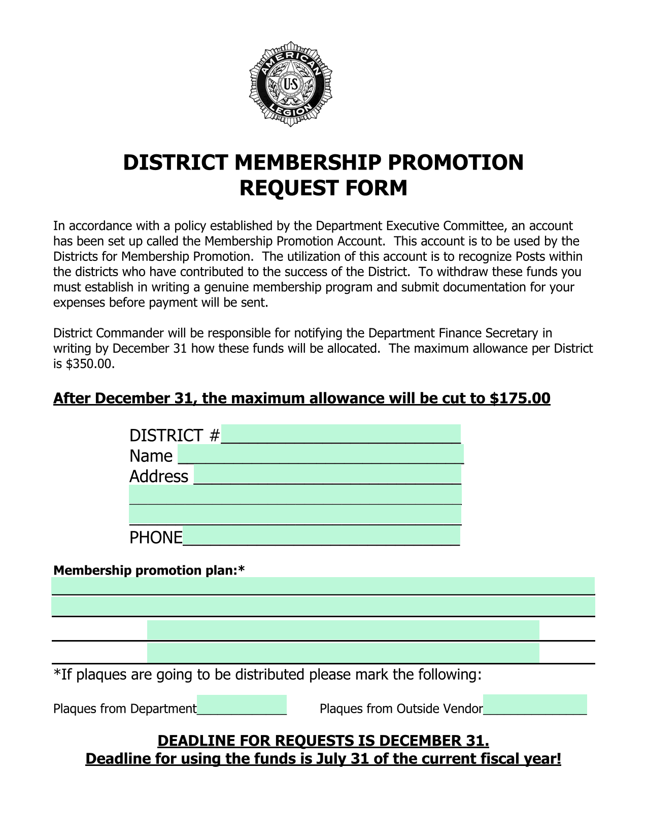 DISTRICT MEMBERSHIP PROMOTION REQUEST FORM screenshot