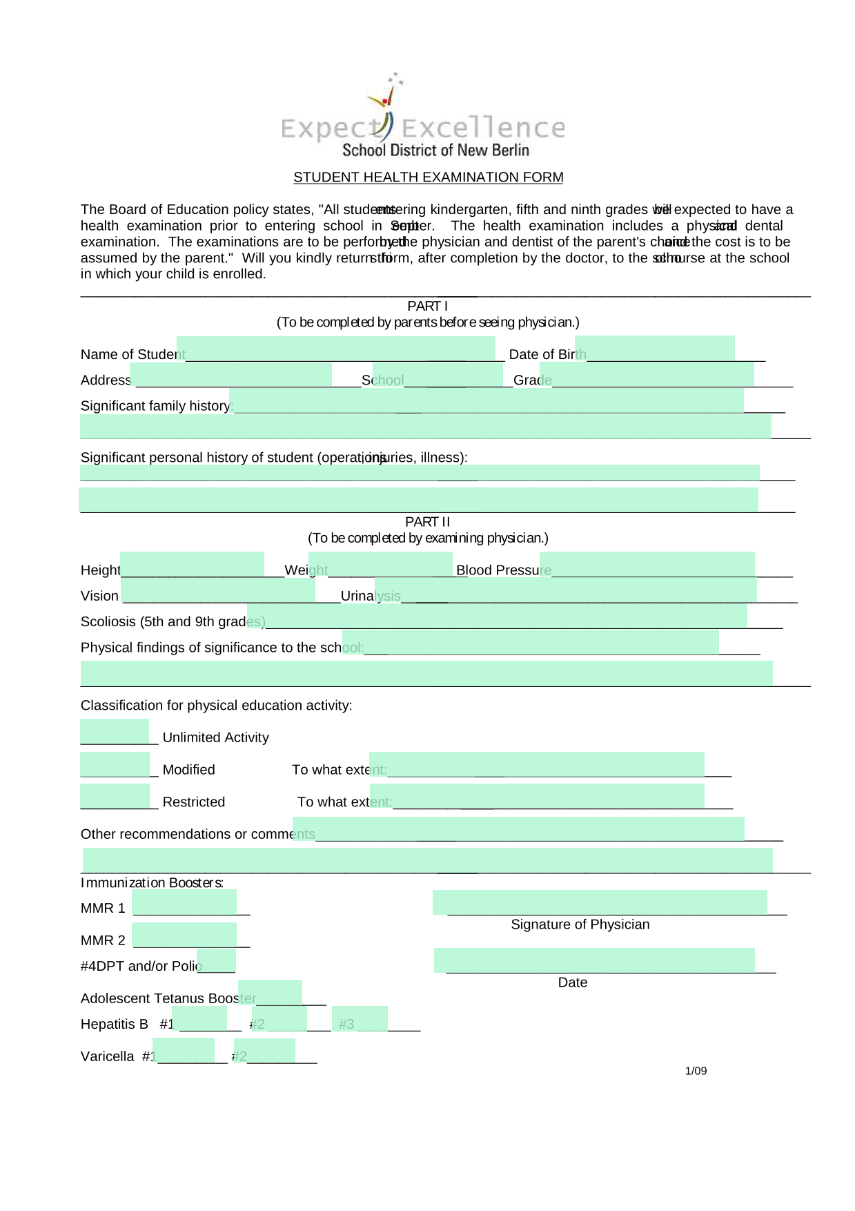STUDENT HEALTH EXAMINATION FORM screenshot