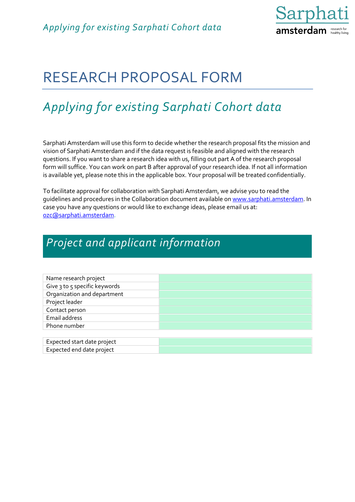 Applying For Existing Sarphati Cohort Data   Research Proposal Form screenshot