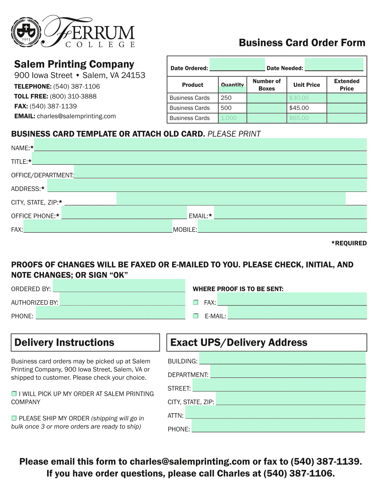 Business Card Order Form screenshot
