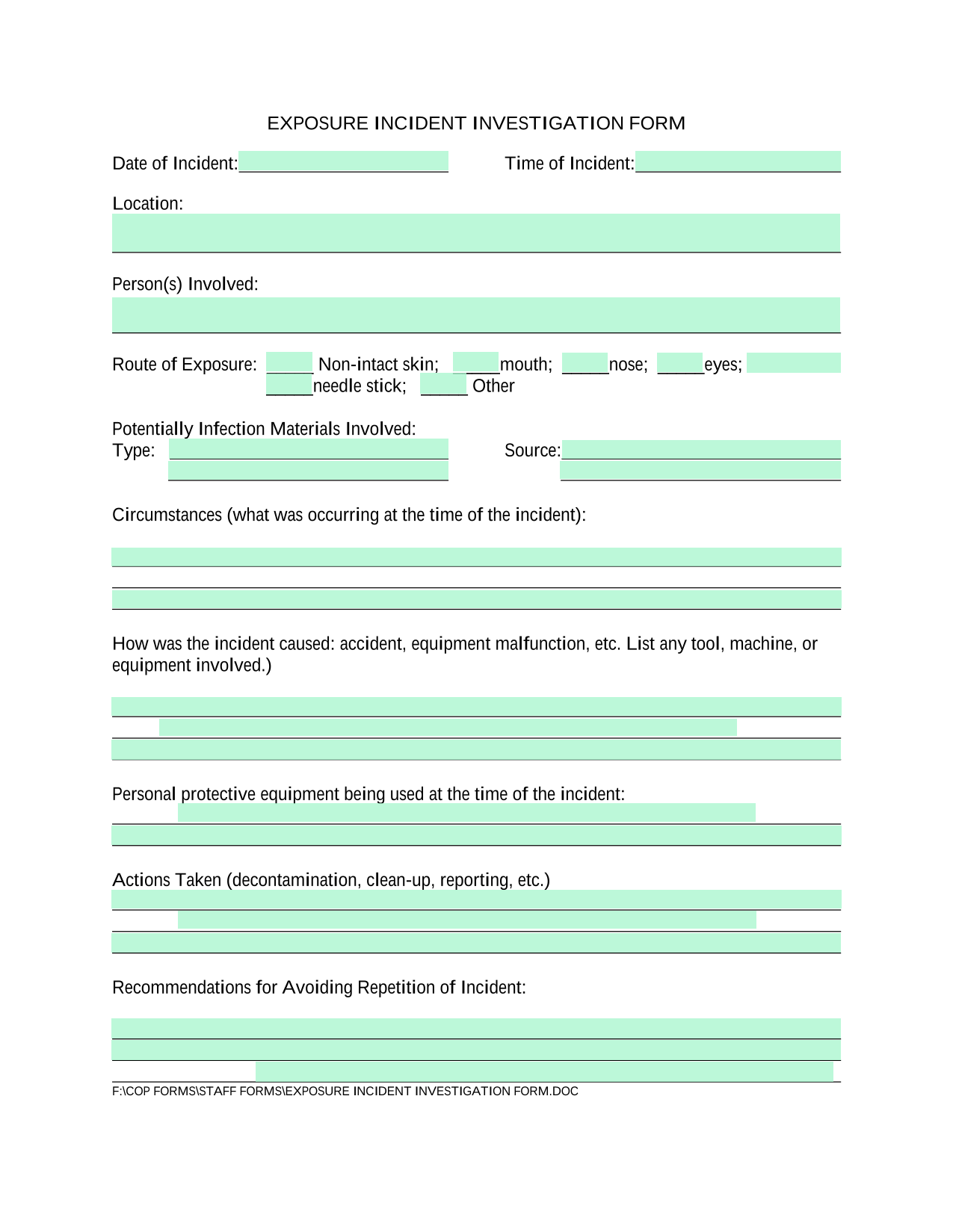 Exposure Incident Investigation Form screenshot