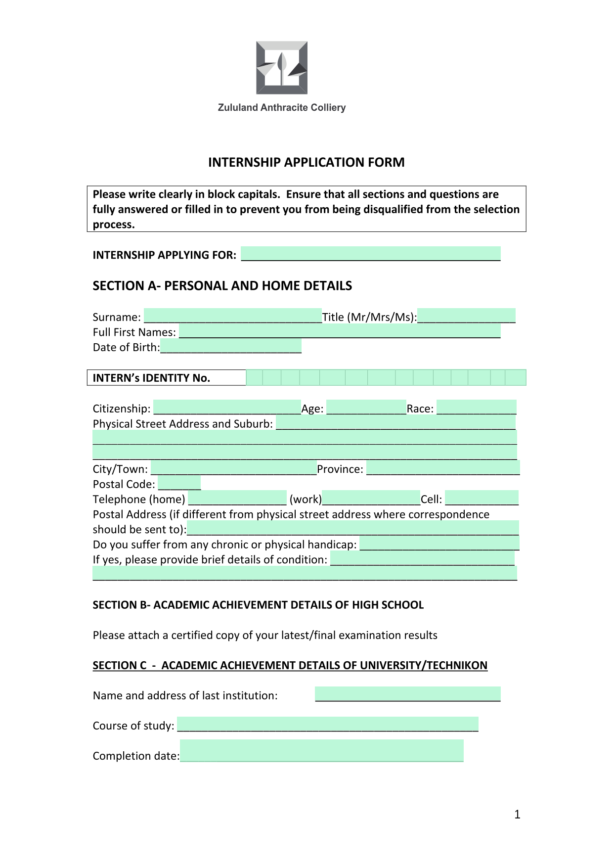 INTERNSHIP APPLICATION FORM screenshot