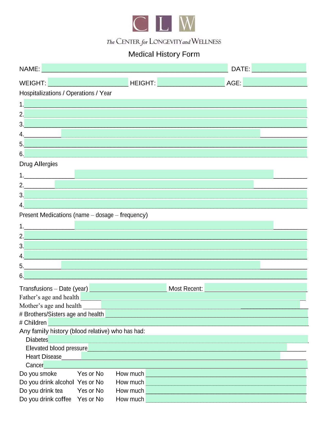 Medical History Form screenshot