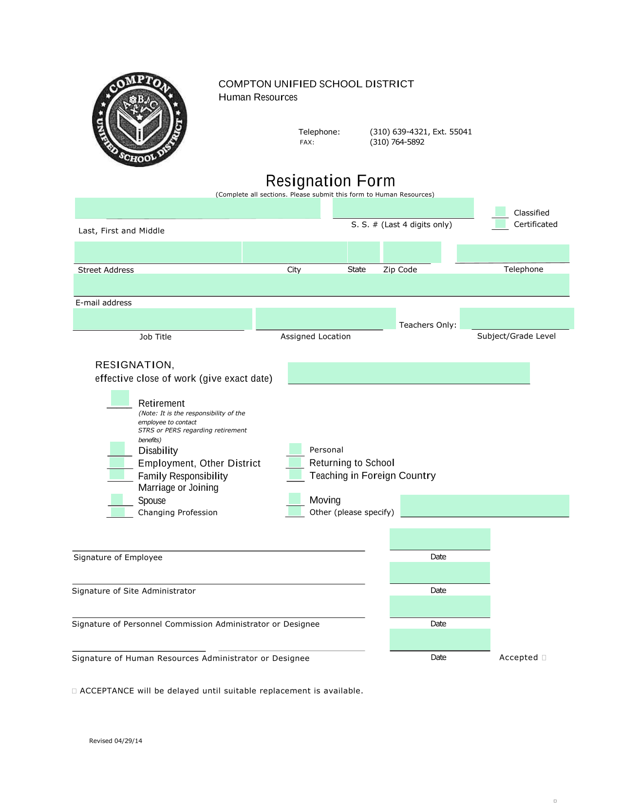 Resignation Form screenshot