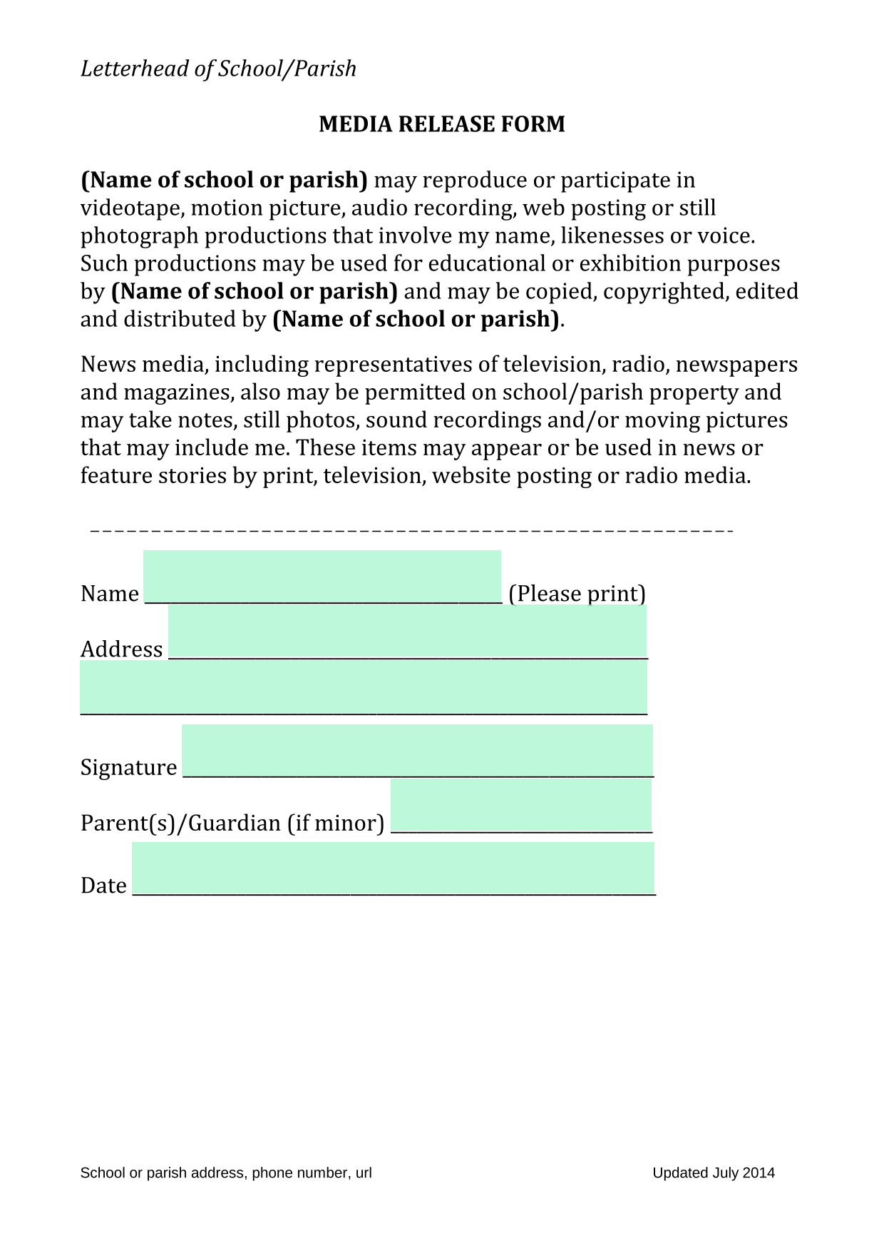 MEDIA RELEASE FORM screenshot