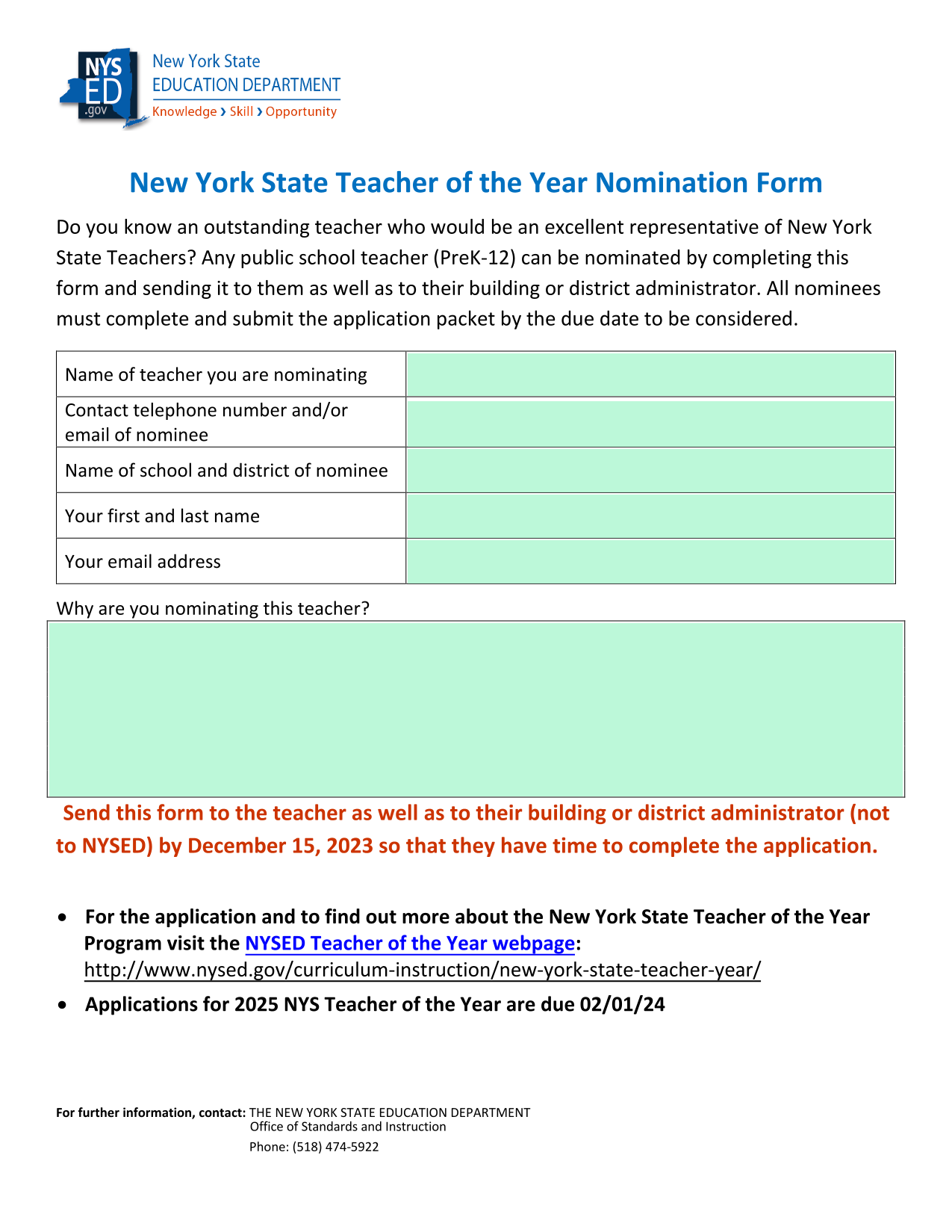 New York State Teacher Of The Year Nomination Form screenshot