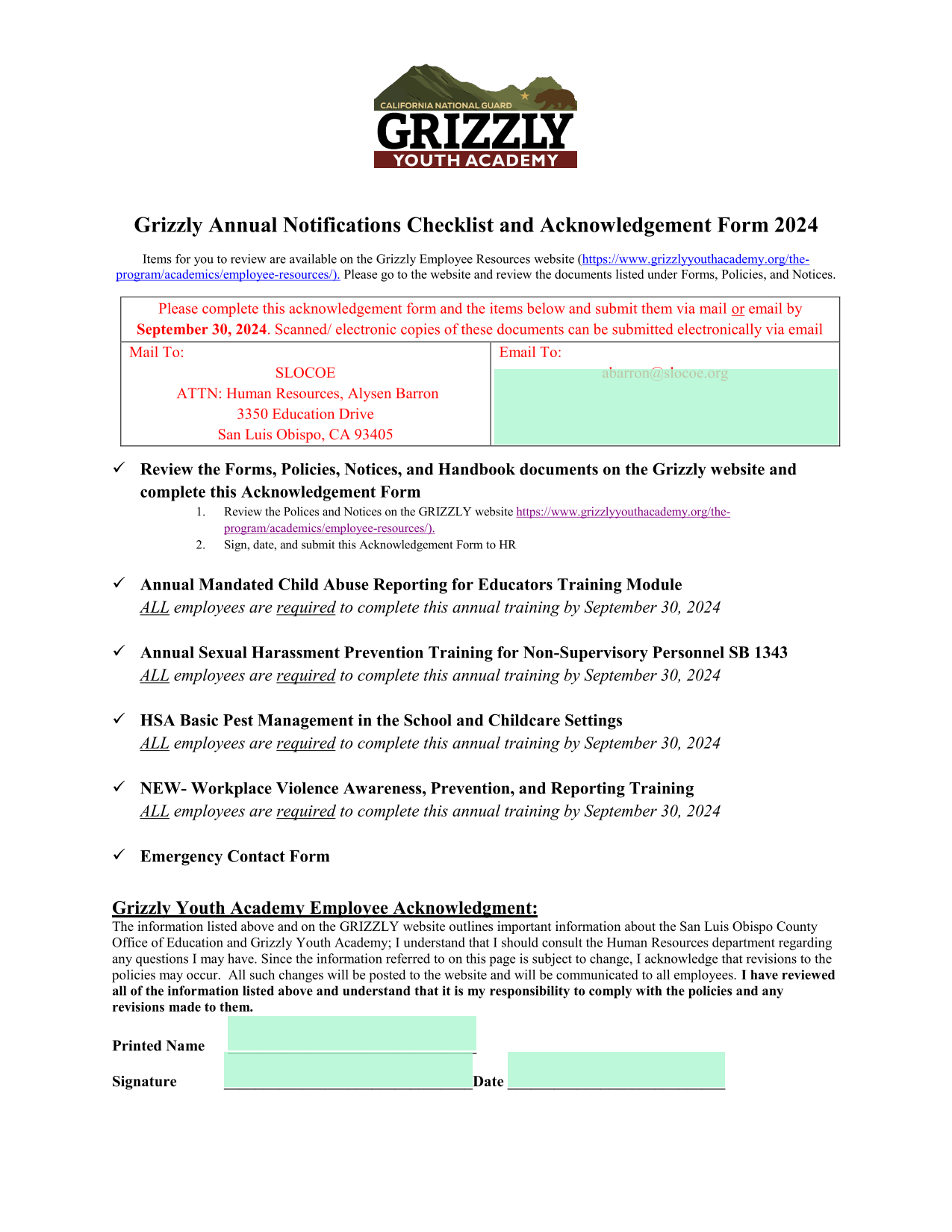 Grizzly Annual Notifications Checklist And Acknowledgement Form 2024 screenshot