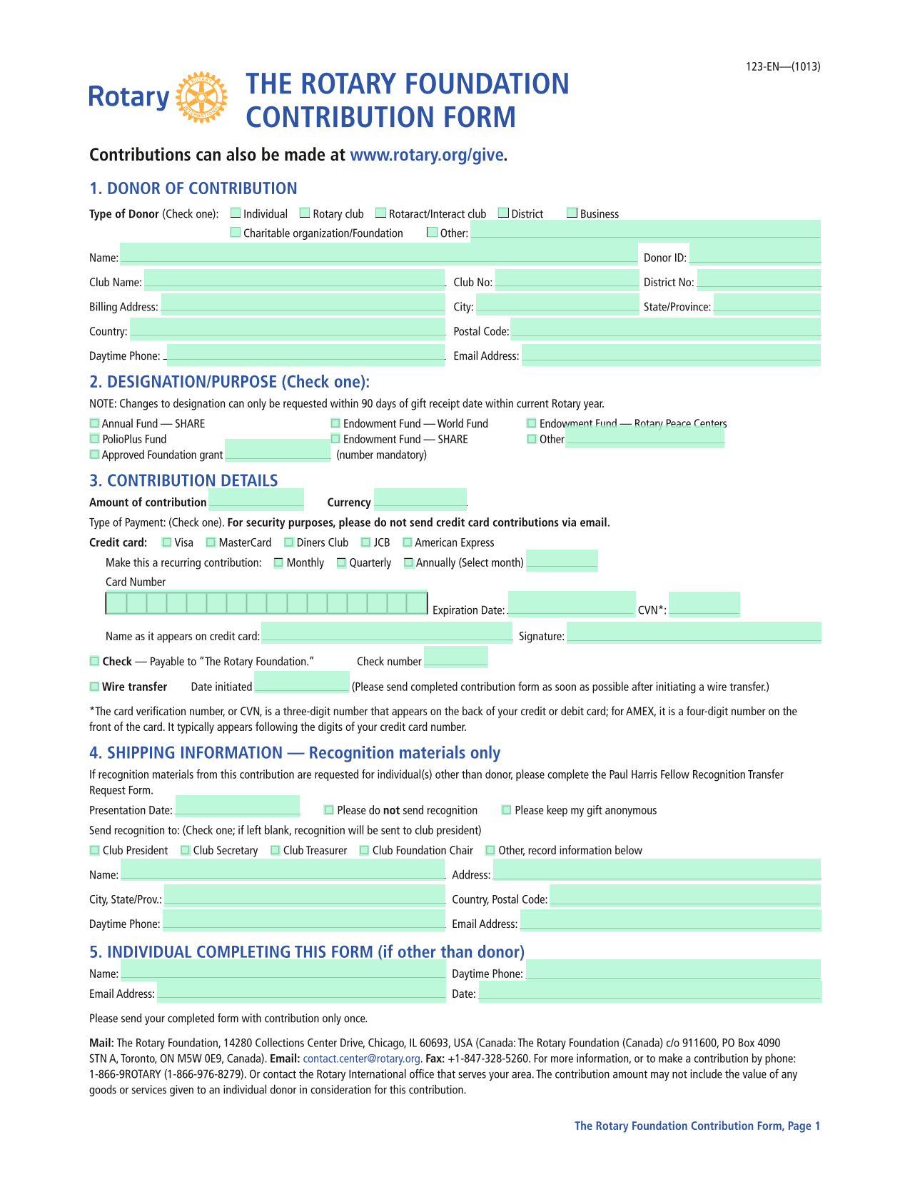 The Rotary Foundation Contribution Form screenshot