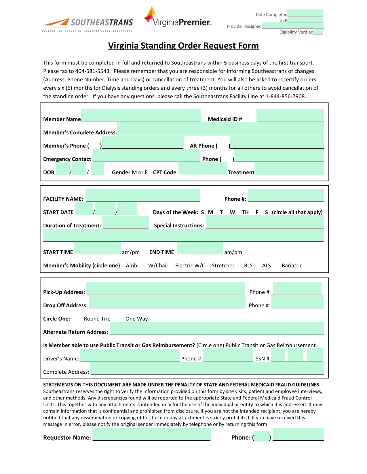 Virginia Standing Order Request Form screenshot