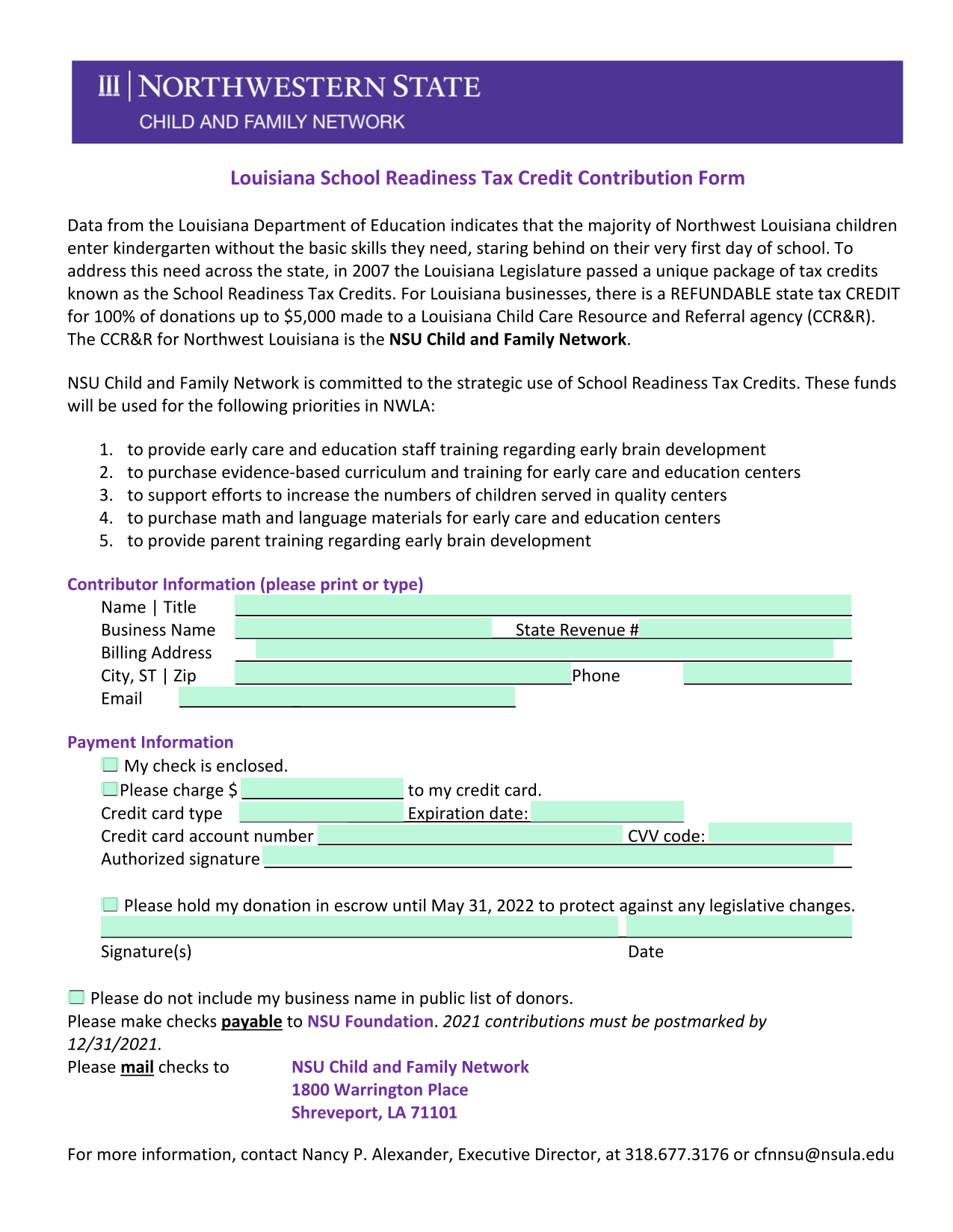 Louisiana School Readiness Tax Credit Contribution Form screenshot