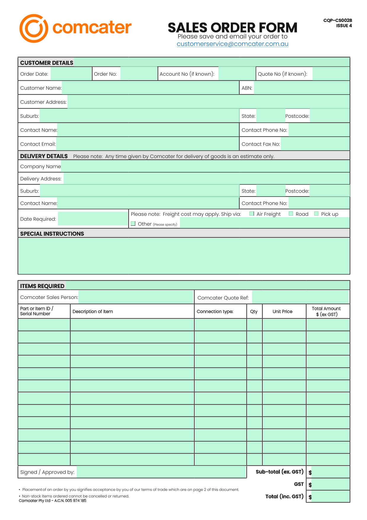Sales Order Form screenshot