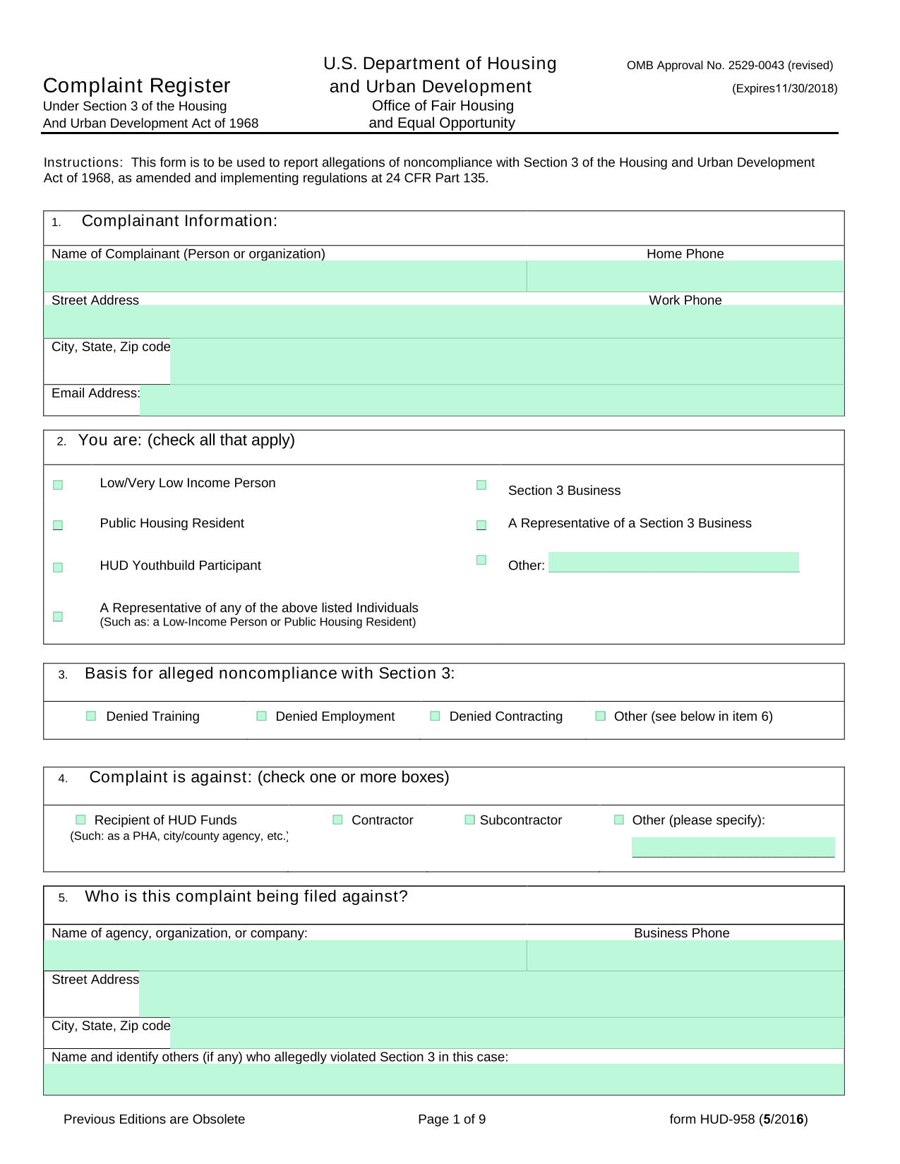 HUD 958 Complaint Register screenshot