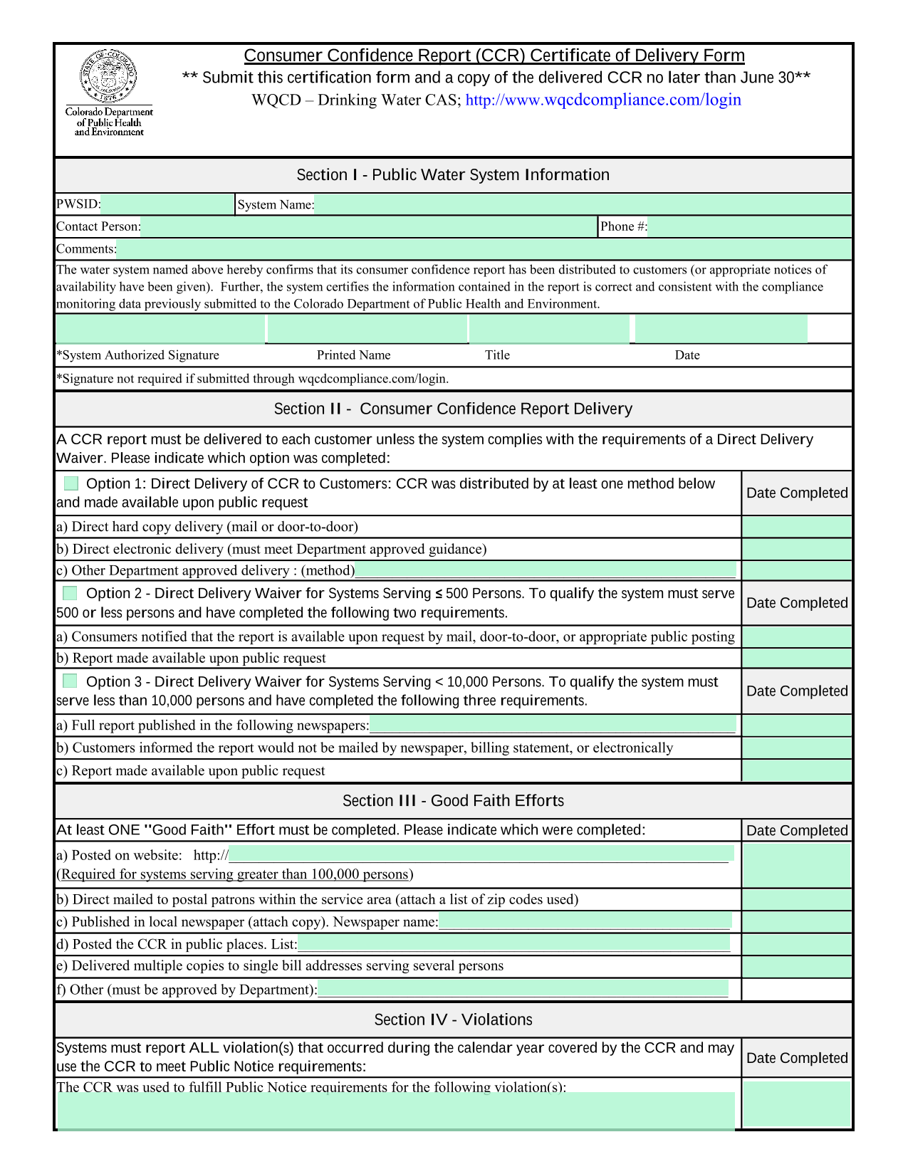 Consumer Confidence Report (CCR) Certificate Of Delivery Form screenshot