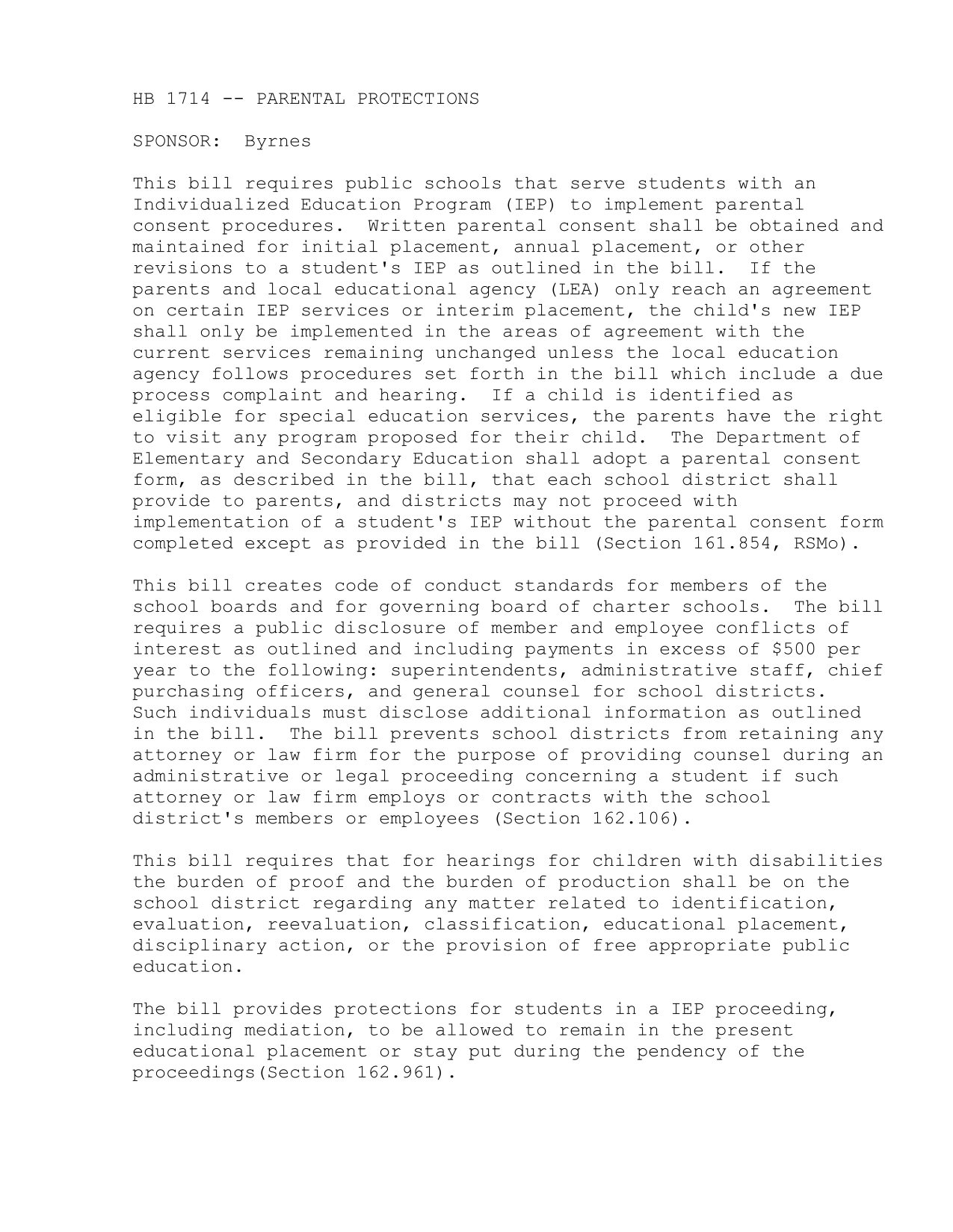 HB 1714    PARENTAL PROTECTIONS screenshot