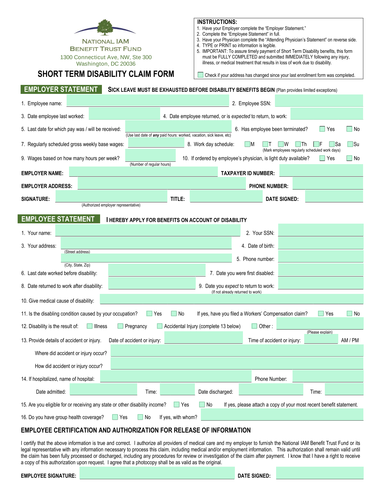 Short Term Disability Claim Form screenshot