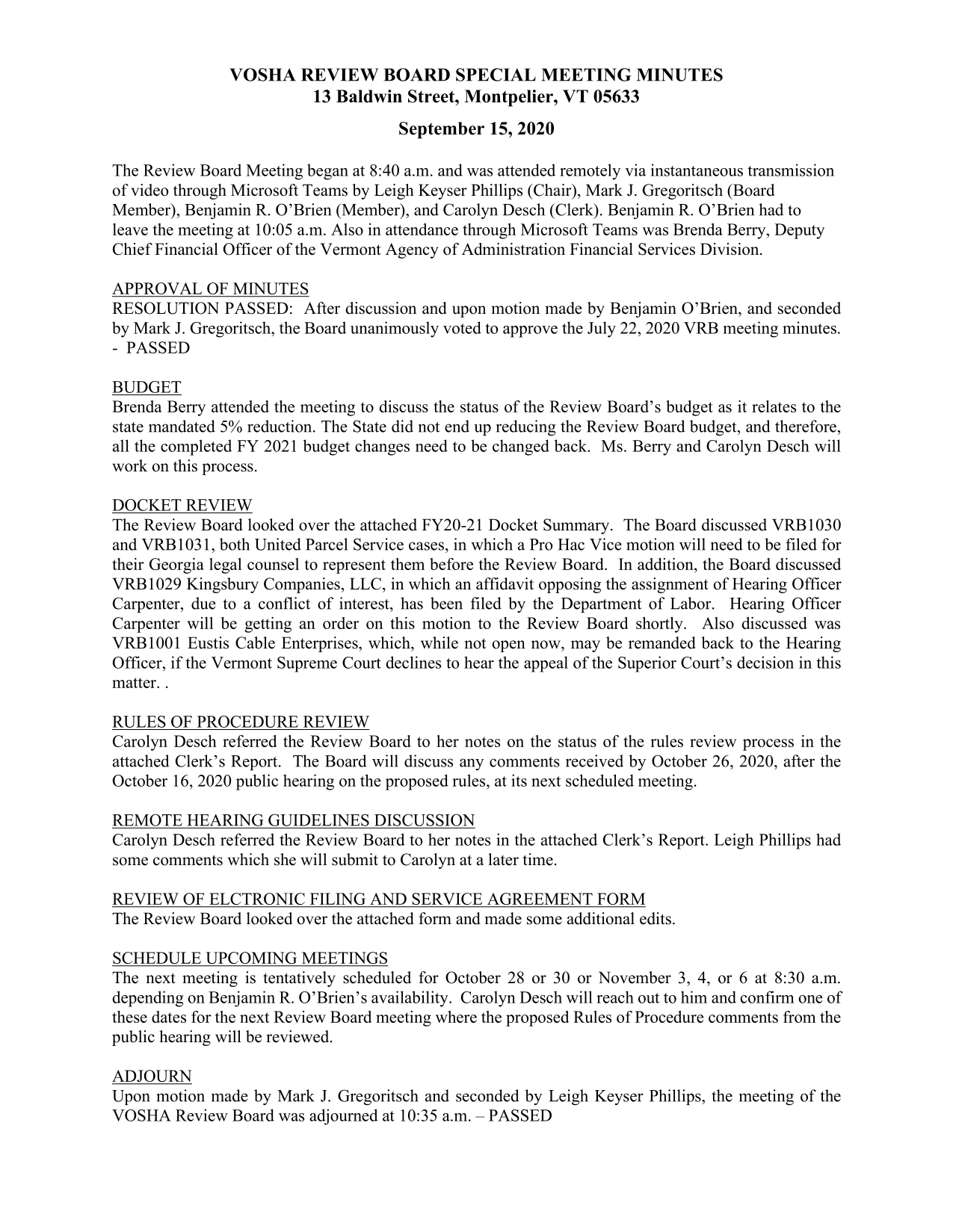 VOSHA Review Board Special Meeting Minutes screenshot