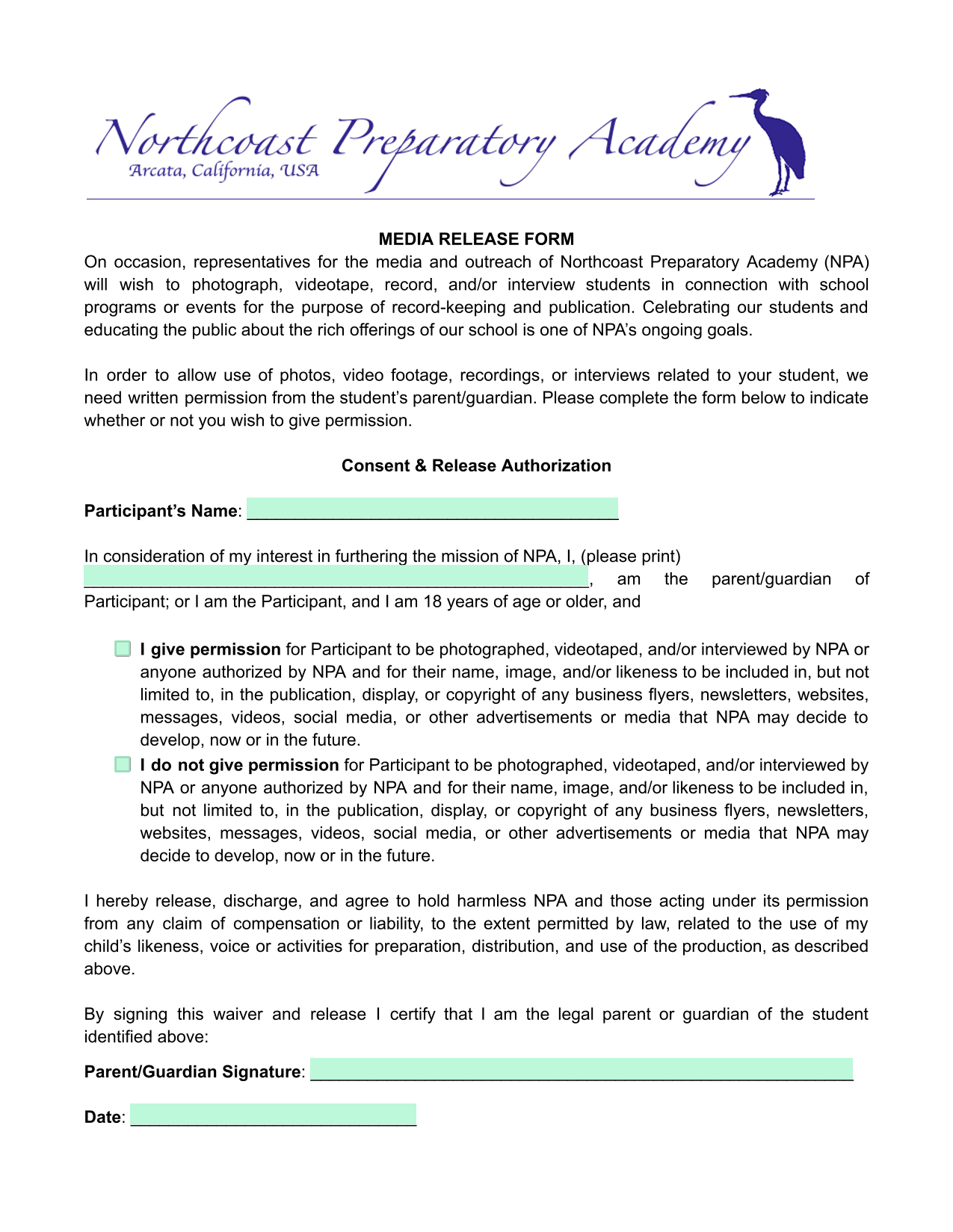MEDIA RELEASE FORM screenshot